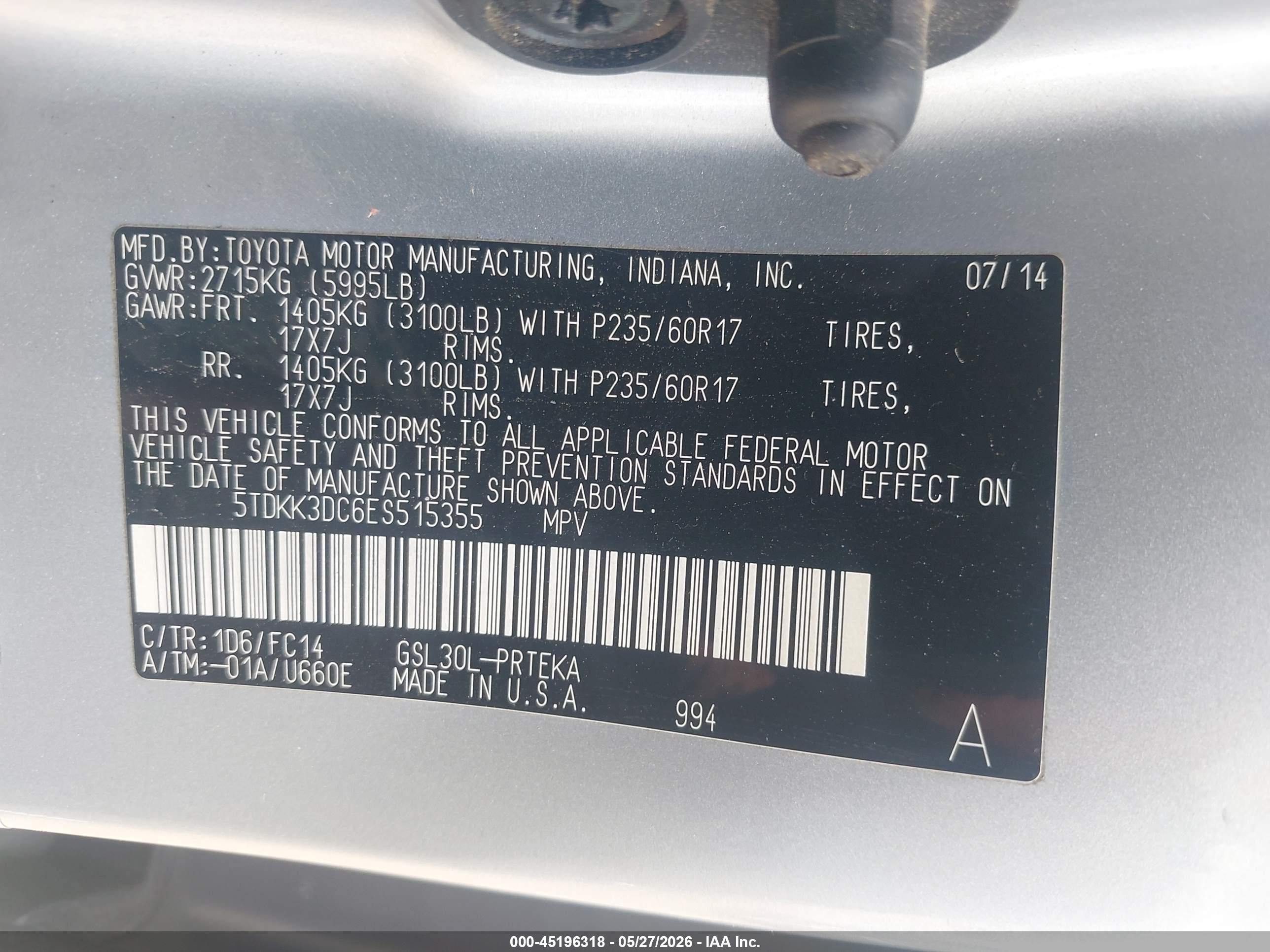 2014 Toyota Sienna Le V6 8 Passenger Silver vin: 5TDKK3DC6ES515355
