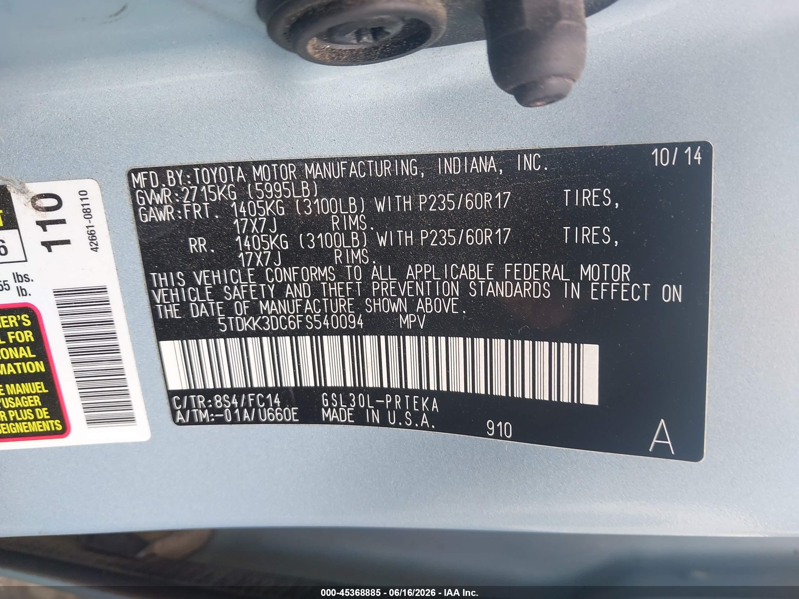 2015 Toyota Sienna Le 8 Passenger Blue vin: 5TDKK3DC6FS540094