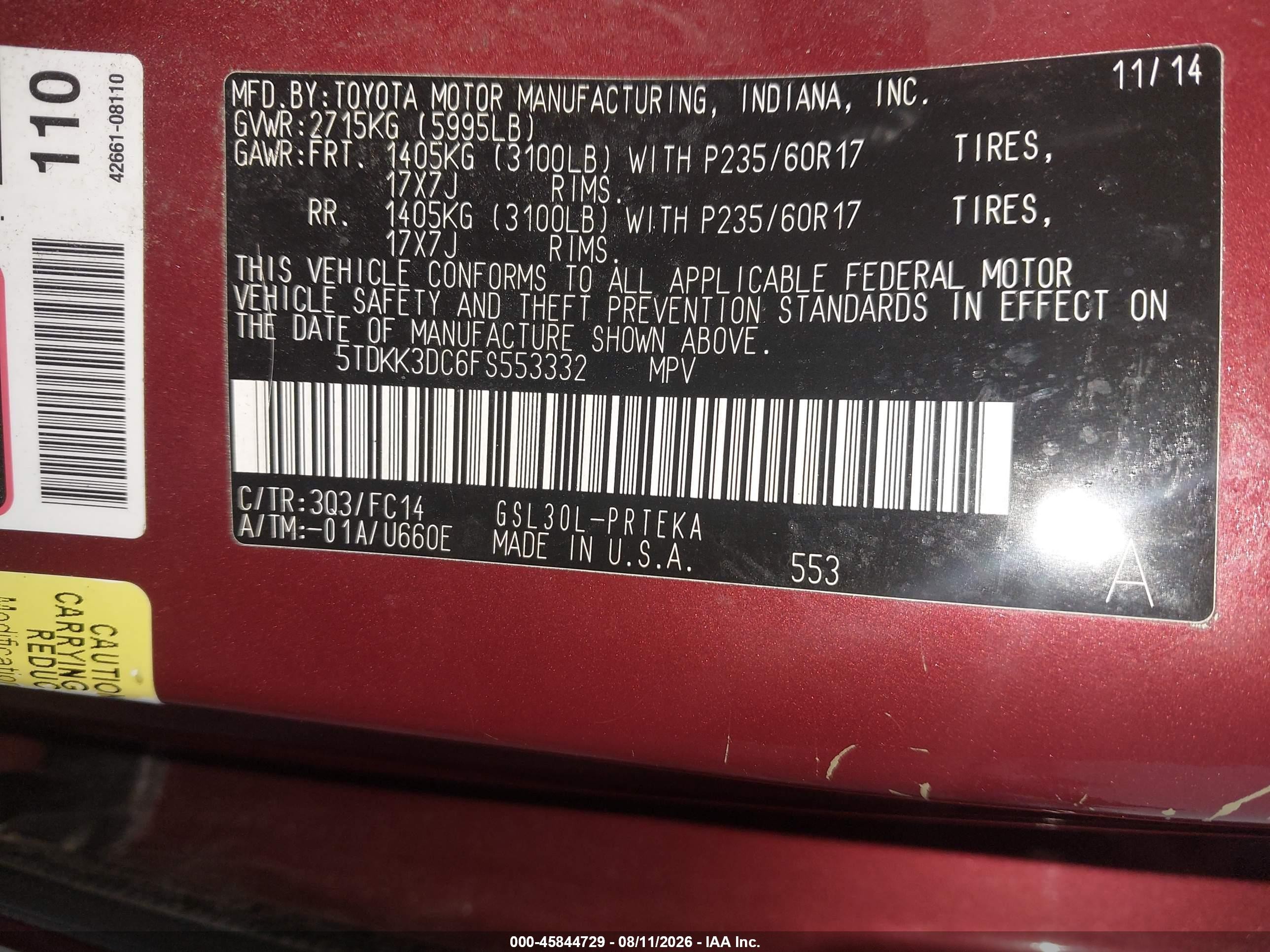 2015 Toyota Sienna Le 8 Passenger Красный vin: 5TDKK3DC6FS553332