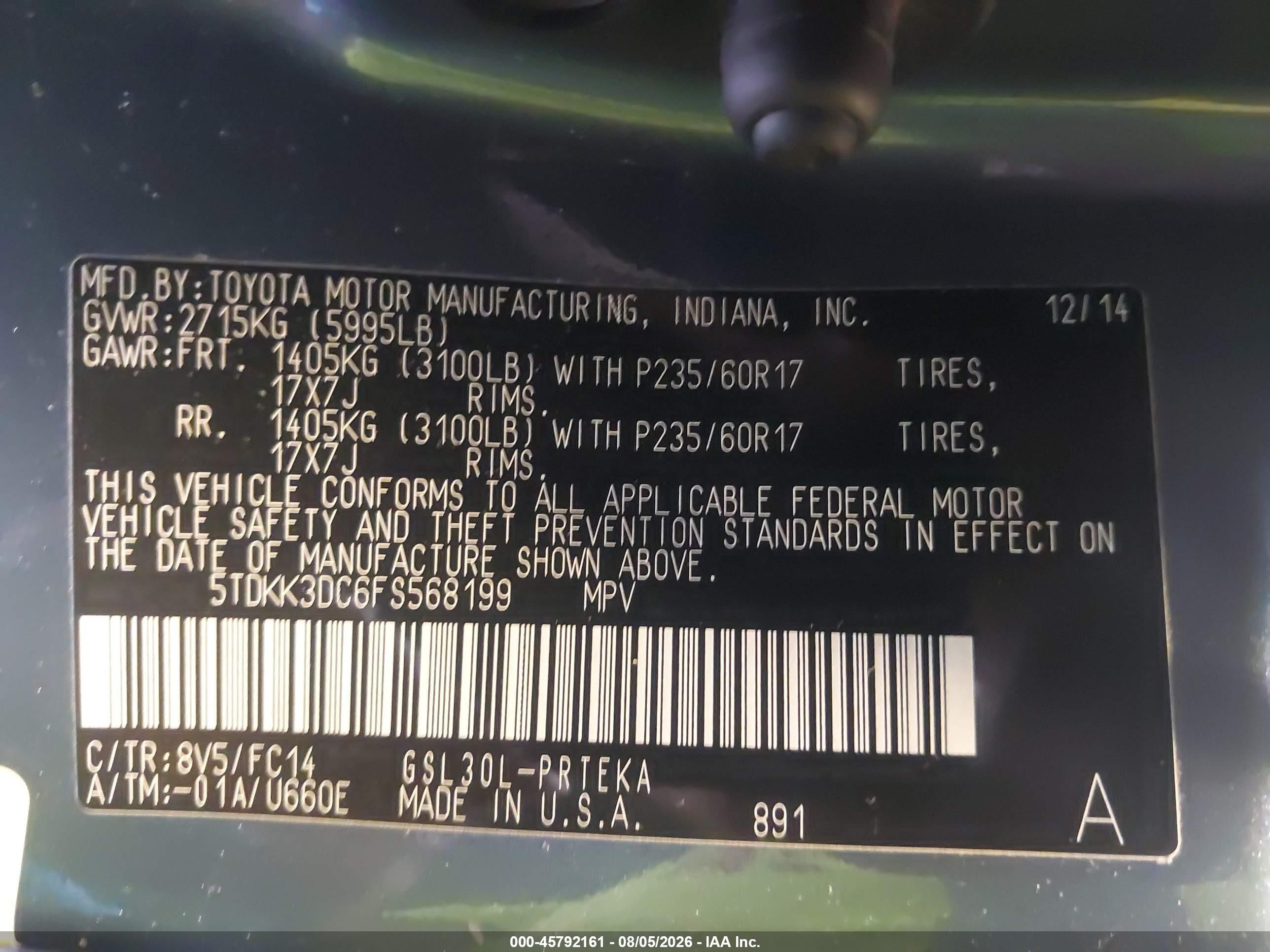 2015 Toyota Sienna Le 8 Passenger Blue vin: 5TDKK3DC6FS568199