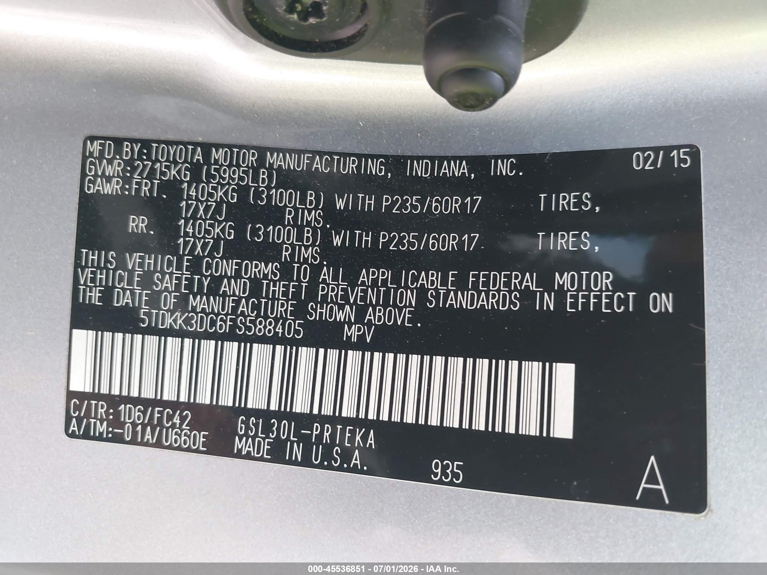 2015 Toyota Sienna Le 8 Passenger Silver vin: 5TDKK3DC6FS588405