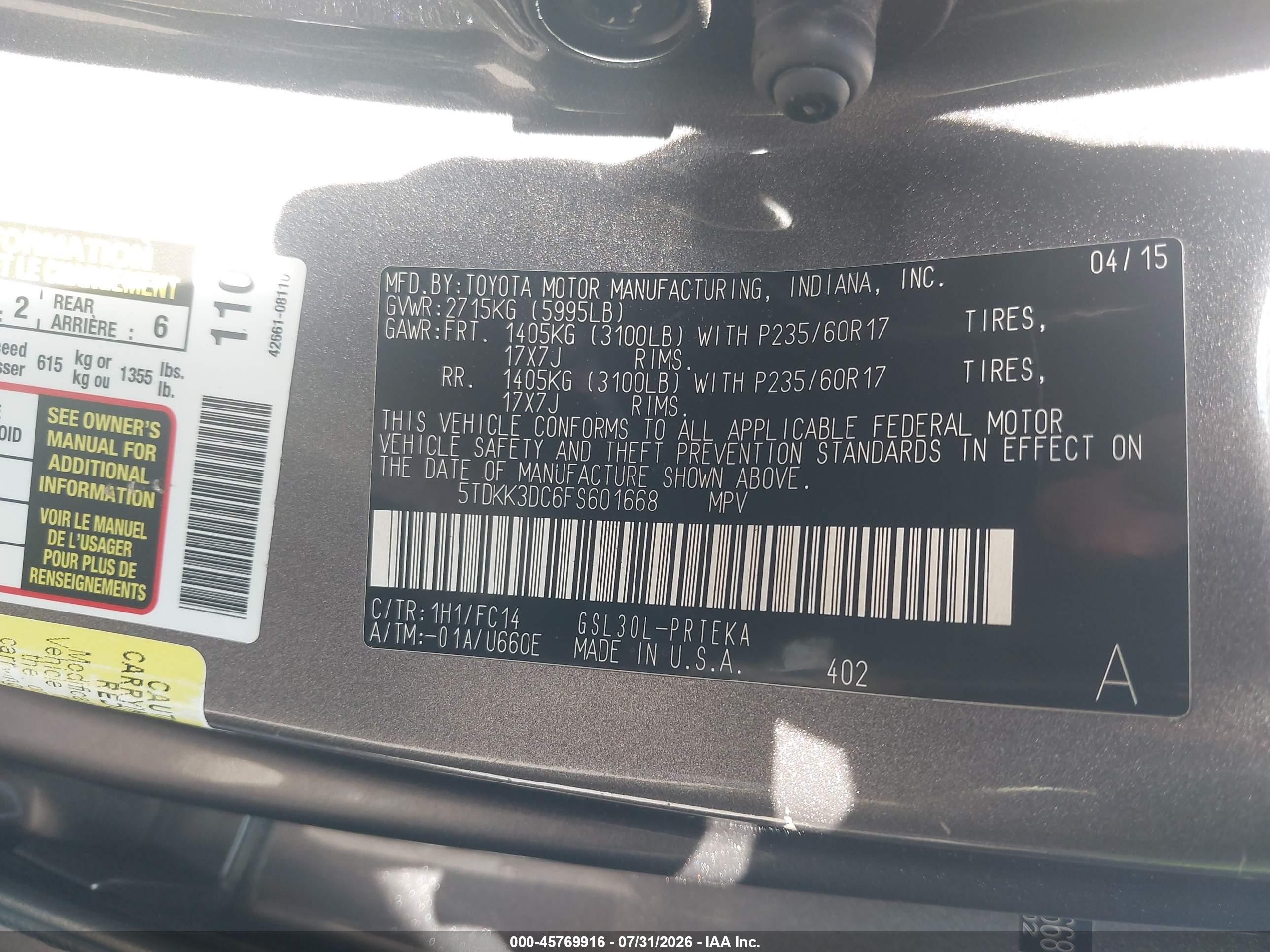 2015 Toyota Sienna Le 8 Passenger Gray vin: 5TDKK3DC6FS601668
