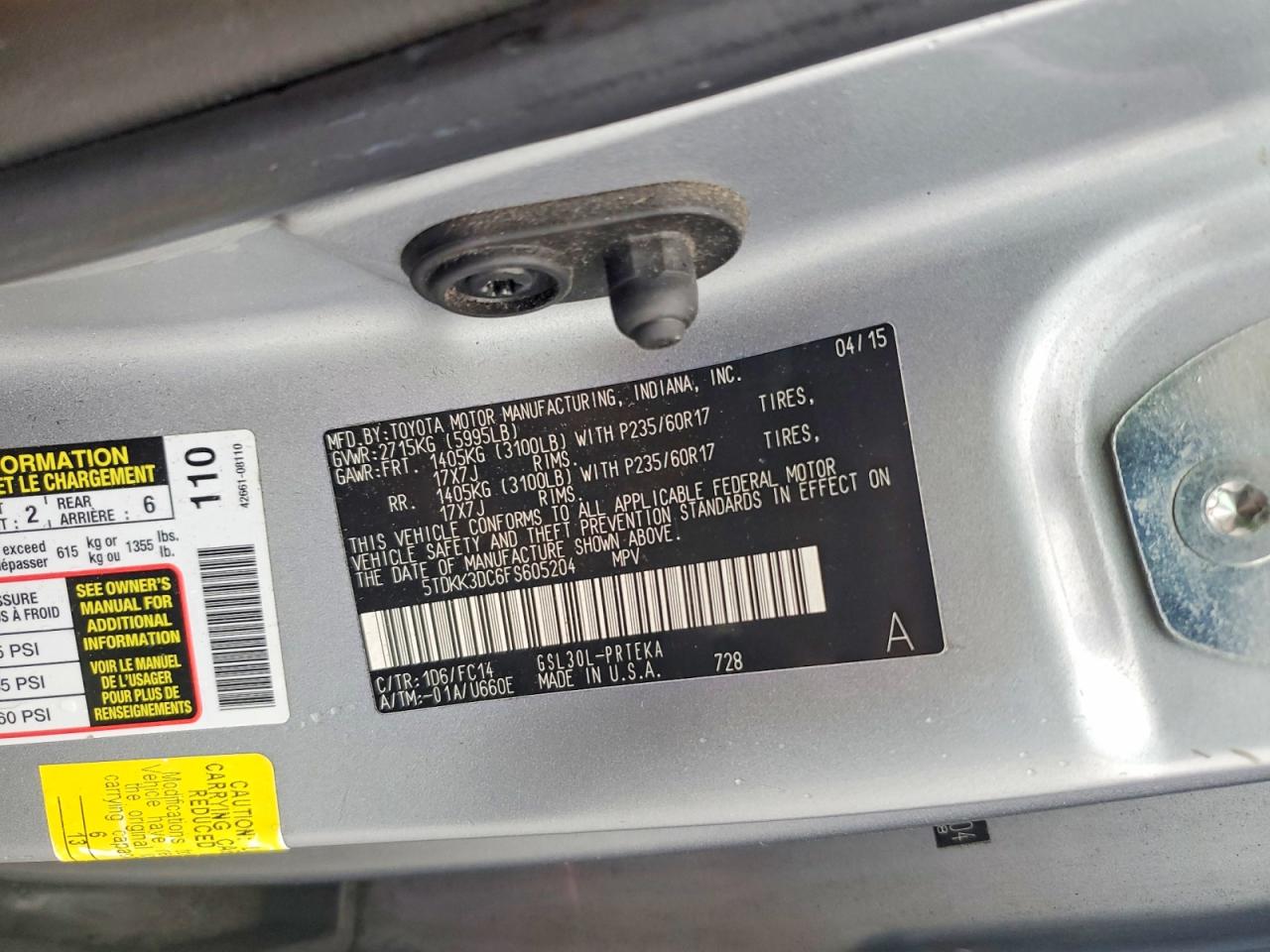 2015 Toyota Sienna Le Silver vin: 5TDKK3DC6FS605204