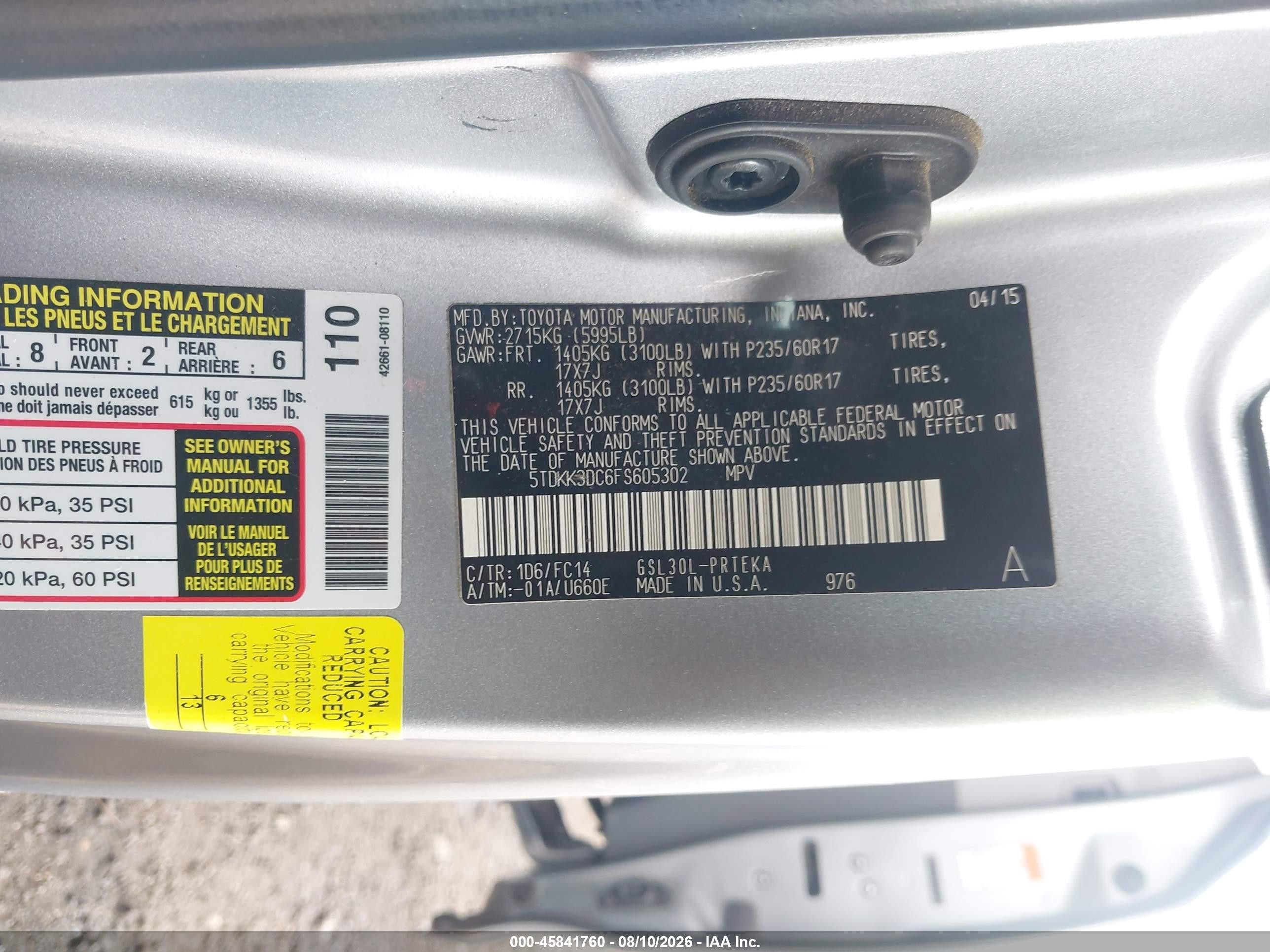 2015 Toyota Sienna Le 8 Passenger Silver vin: 5TDKK3DC6FS605302