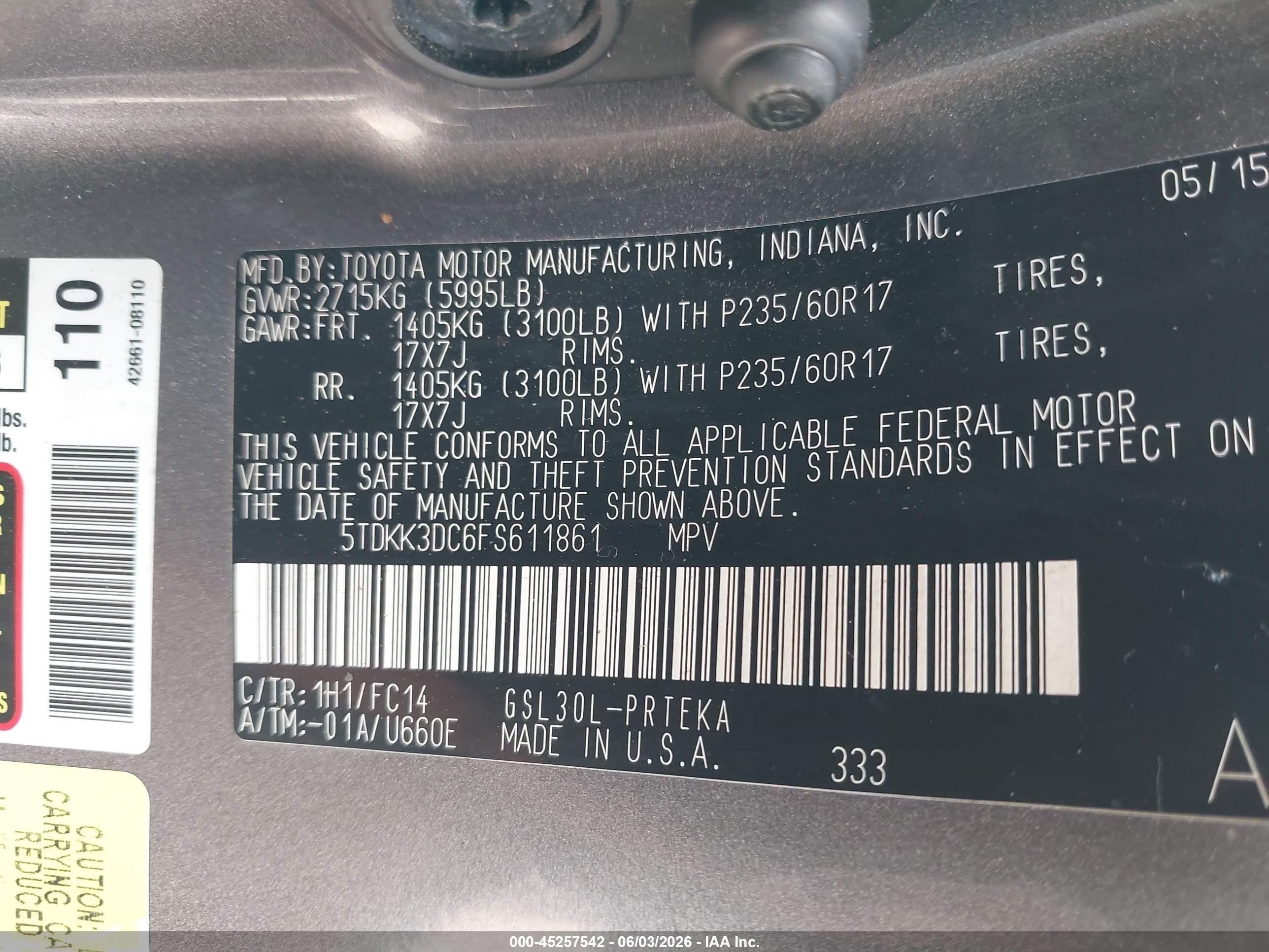 2015 Toyota Sienna Le 8 Passenger Gray vin: 5TDKK3DC6FS611861