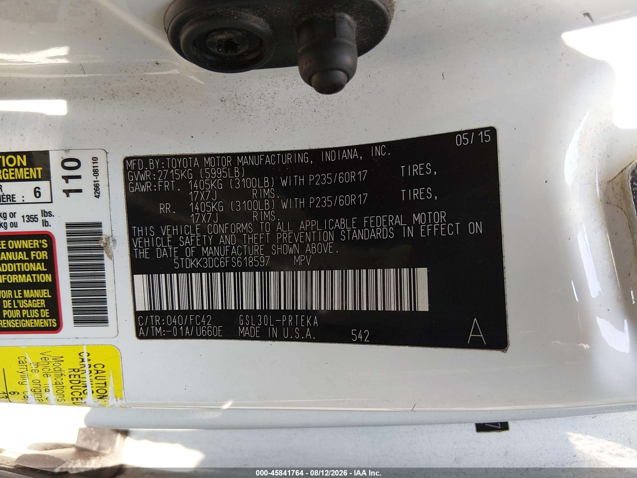 2015 Toyota Sienna Le 8 Passenger White vin: 5TDKK3DC6FS618597