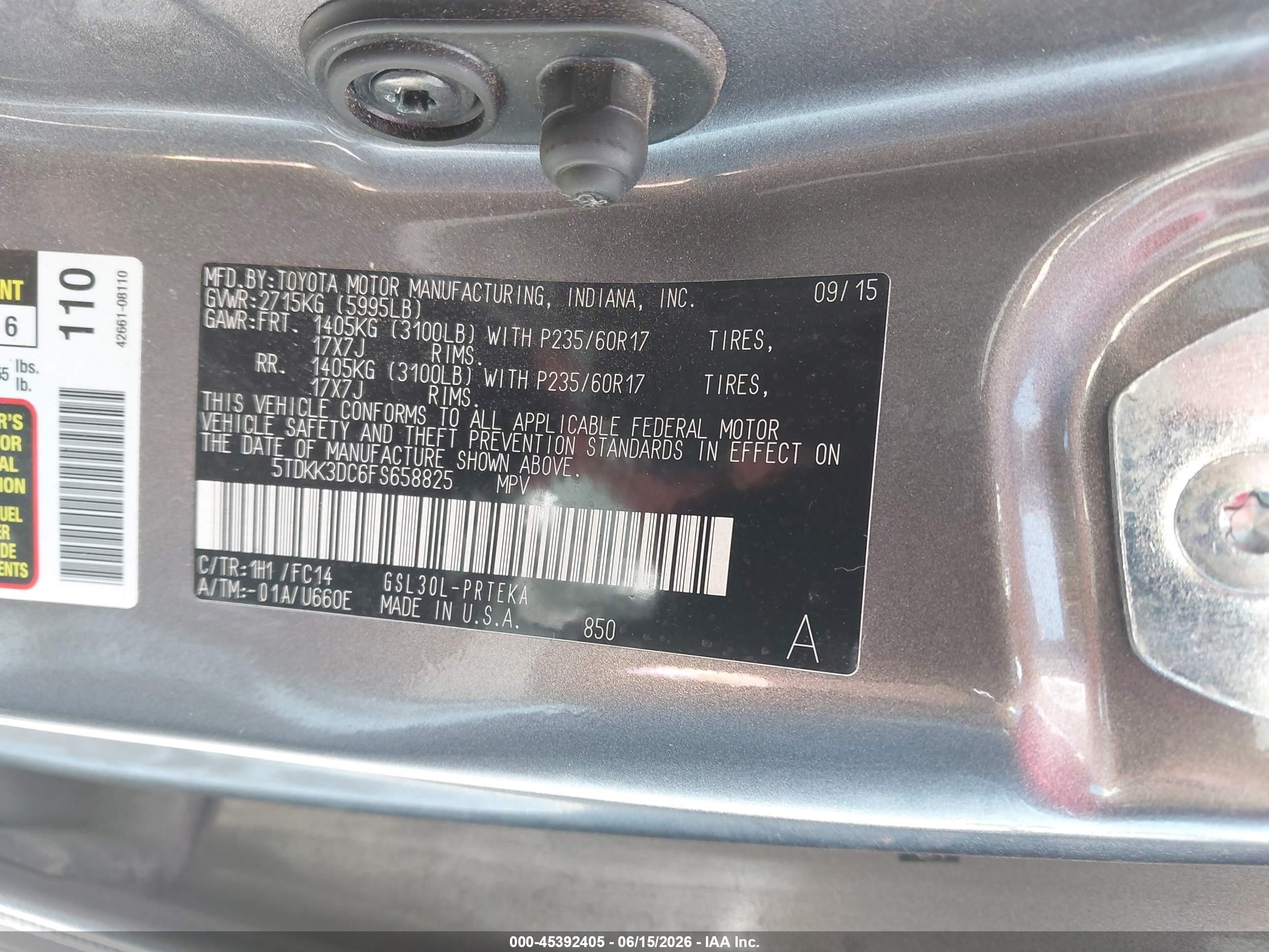 2015 Toyota Sienna Le 8 Passenger Gray vin: 5TDKK3DC6FS658825