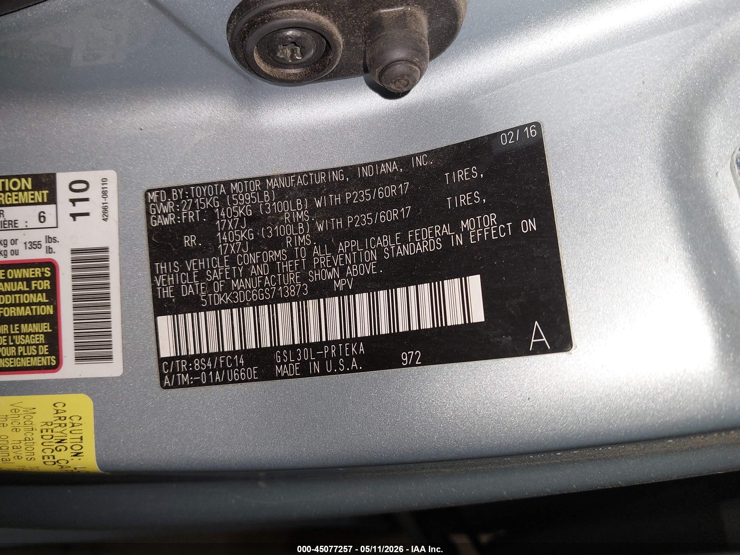 2016 Toyota Sienna Le 8 Passenger Gray vin: 5TDKK3DC6GS713873