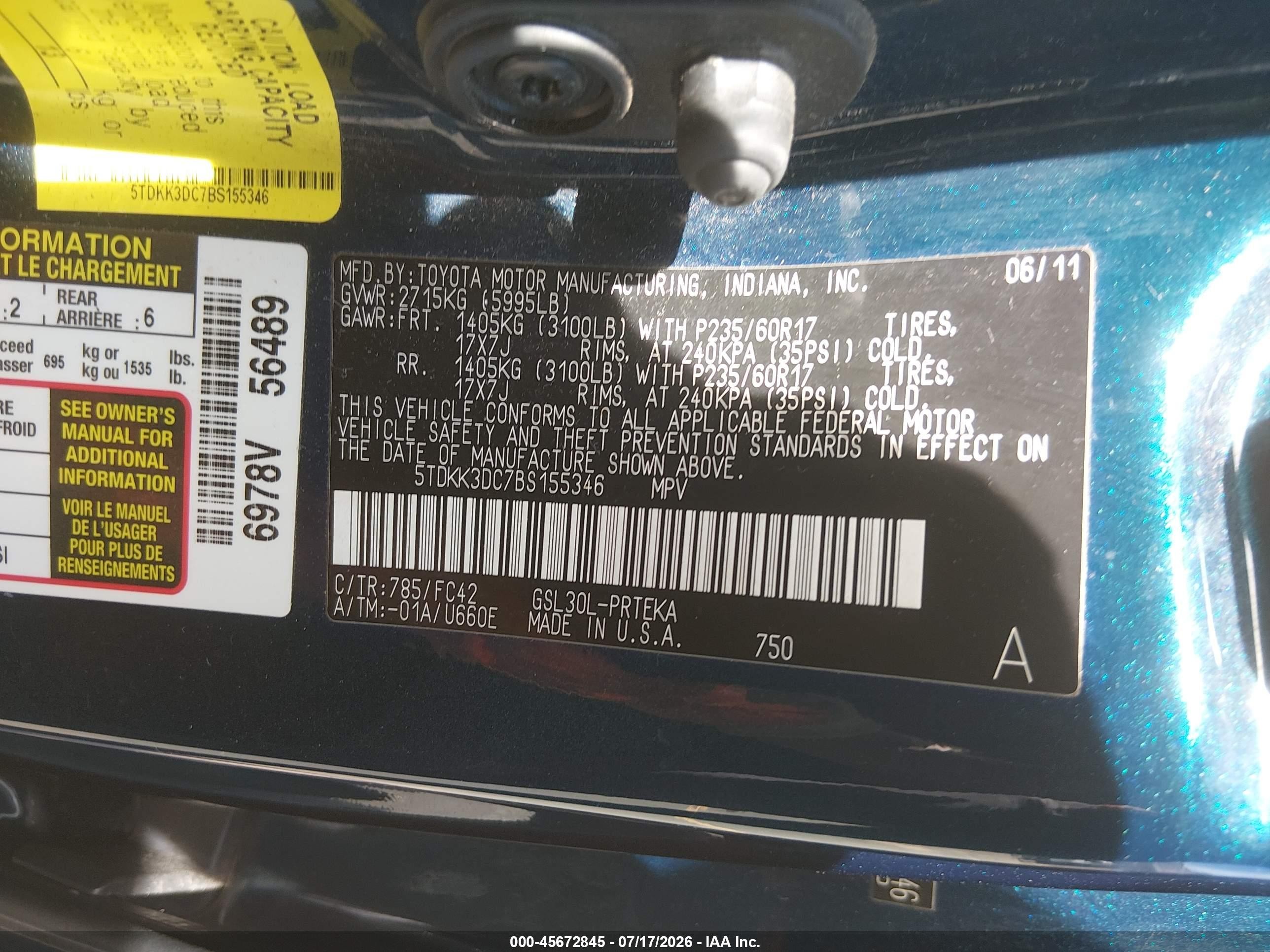 2011 Toyota Sienna Le V6 Dark Blue vin: 5TDKK3DC7BS155346