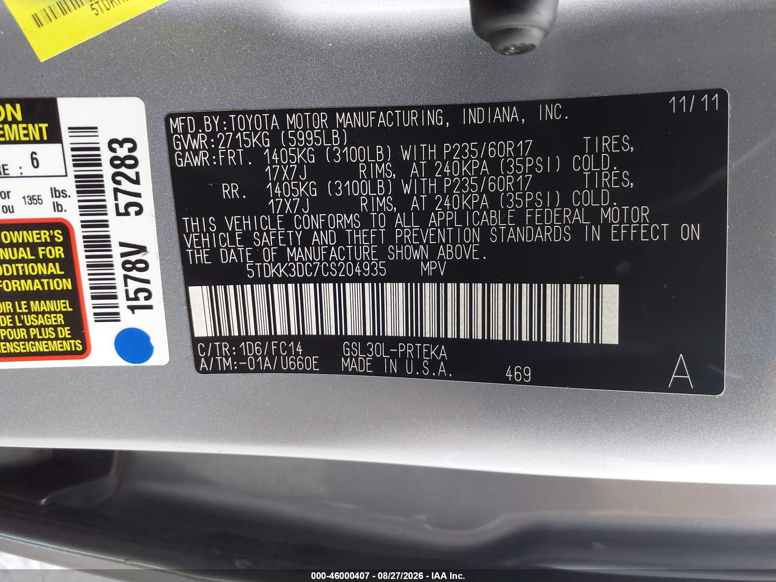 2012 Toyota Sienna Le V6 8 Passenger Silver vin: 5TDKK3DC7CS204935