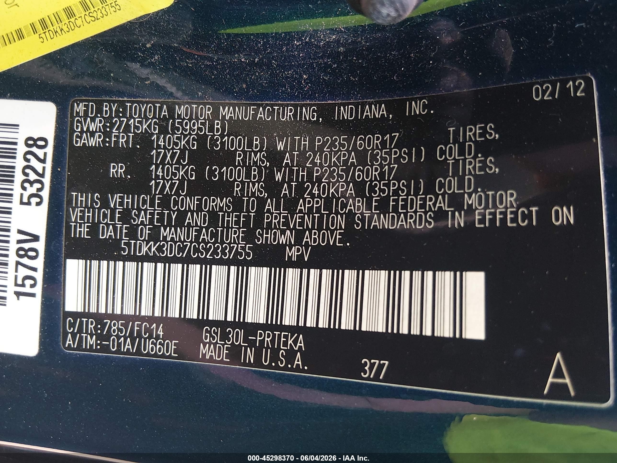 2012 Toyota Sienna Le V6 8 Passenger Blue vin: 5TDKK3DC7CS233755