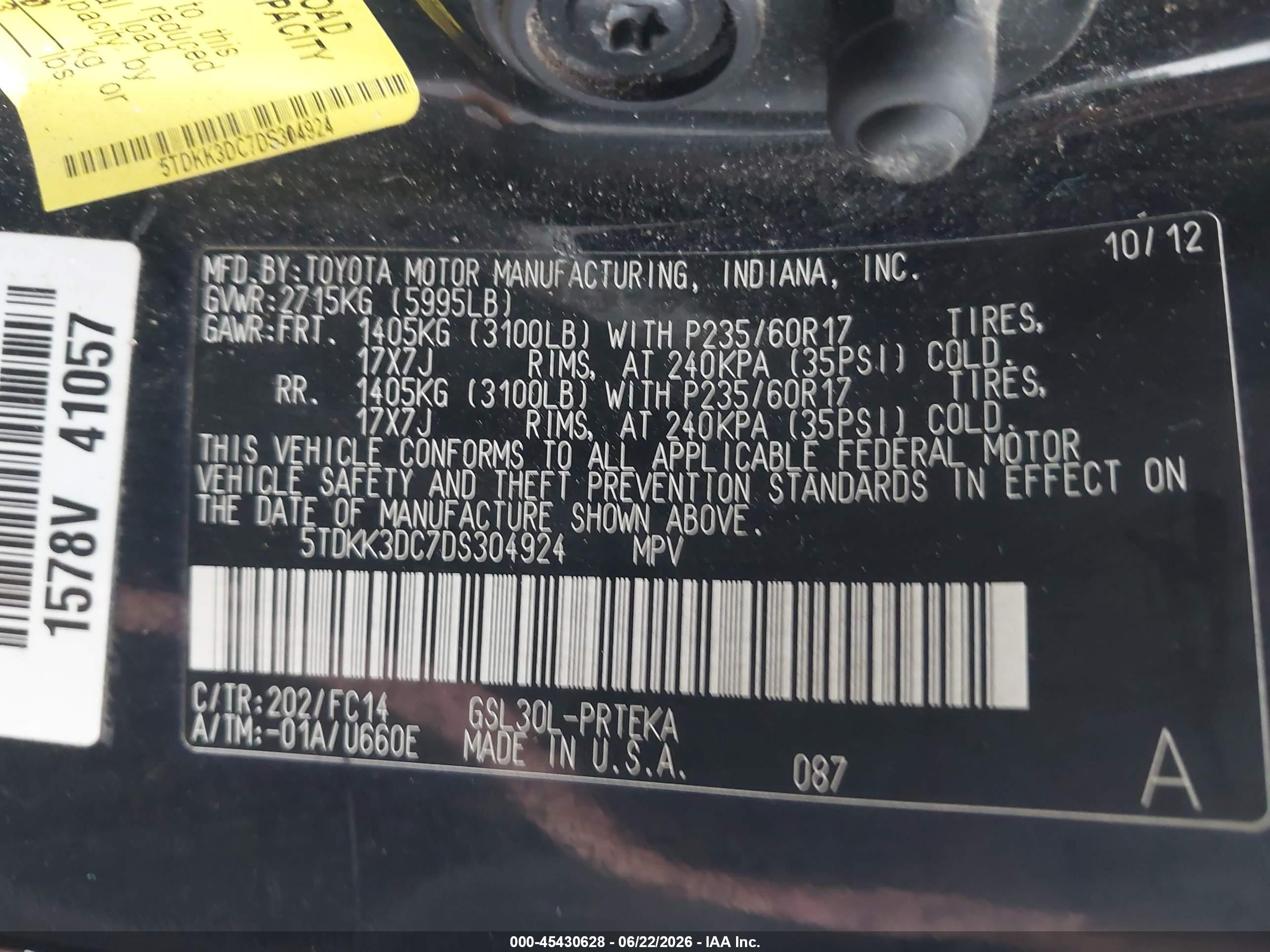 2013 Toyota Sienna Le V6 8 Passenger Black vin: 5TDKK3DC7DS304924