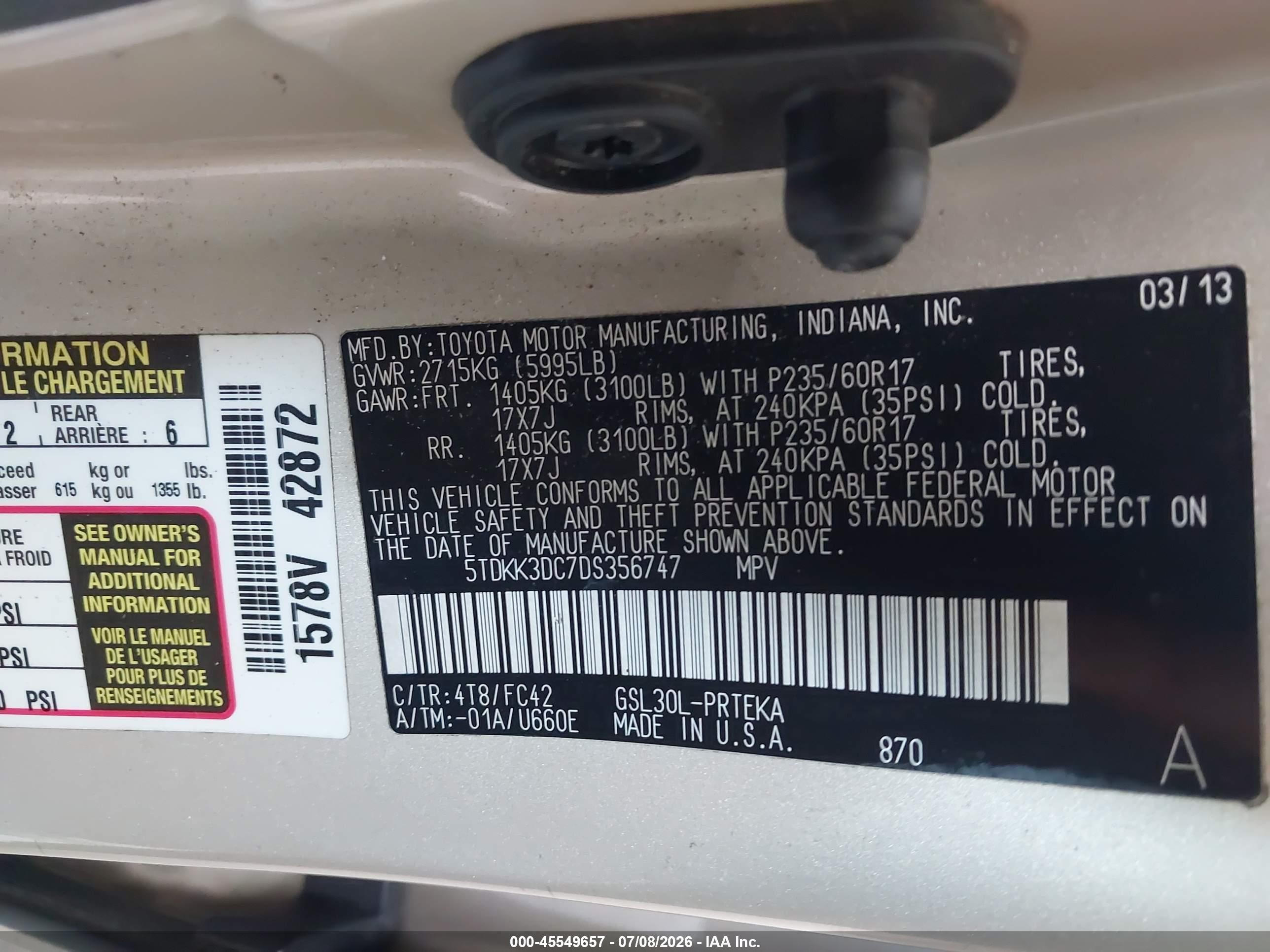 2013 Toyota Sienna Le V6 8 Passenger Gold vin: 5TDKK3DC7DS356747