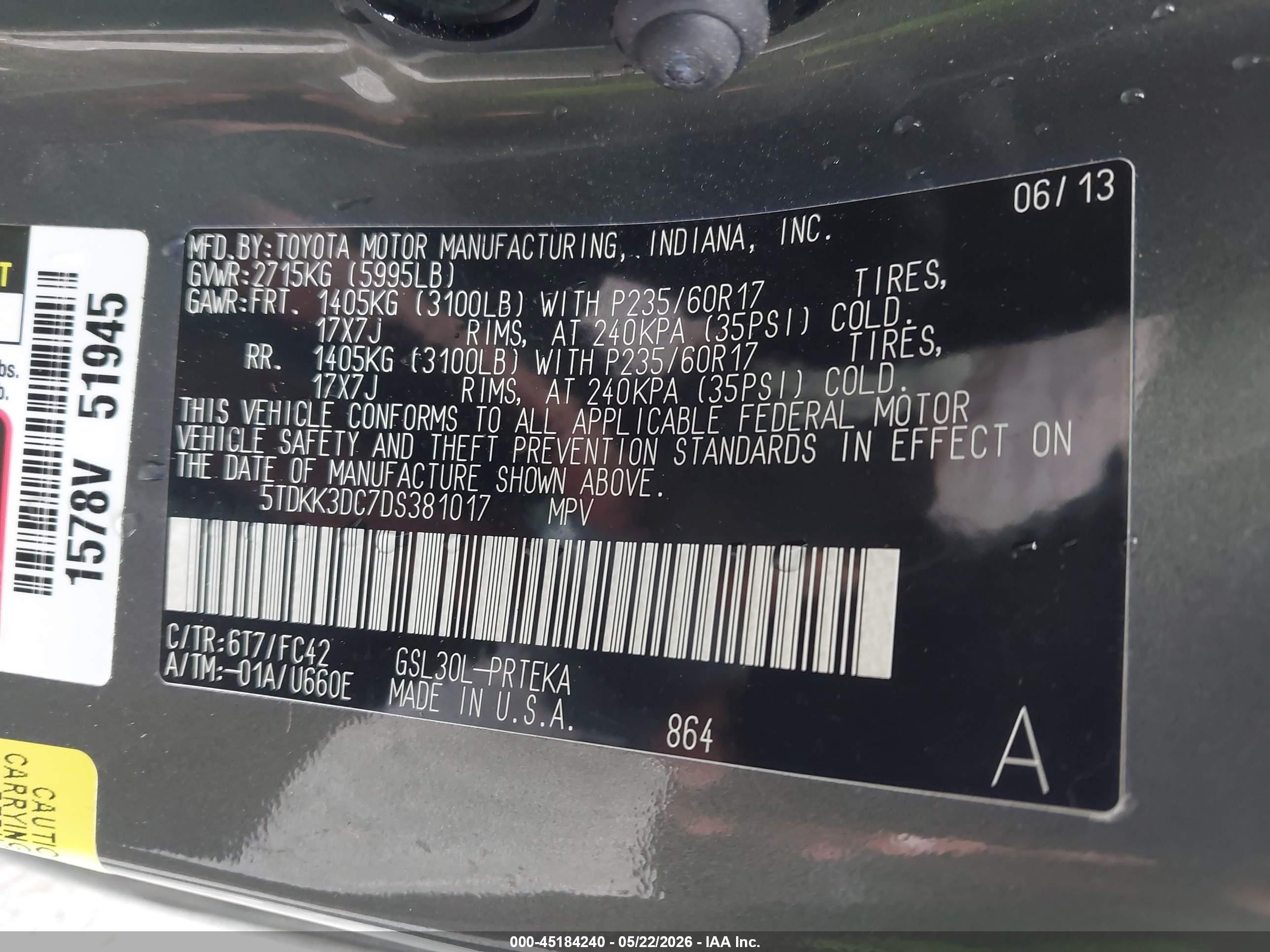 2013 Toyota Sienna Le V6 8 Passenger Gray vin: 5TDKK3DC7DS381017