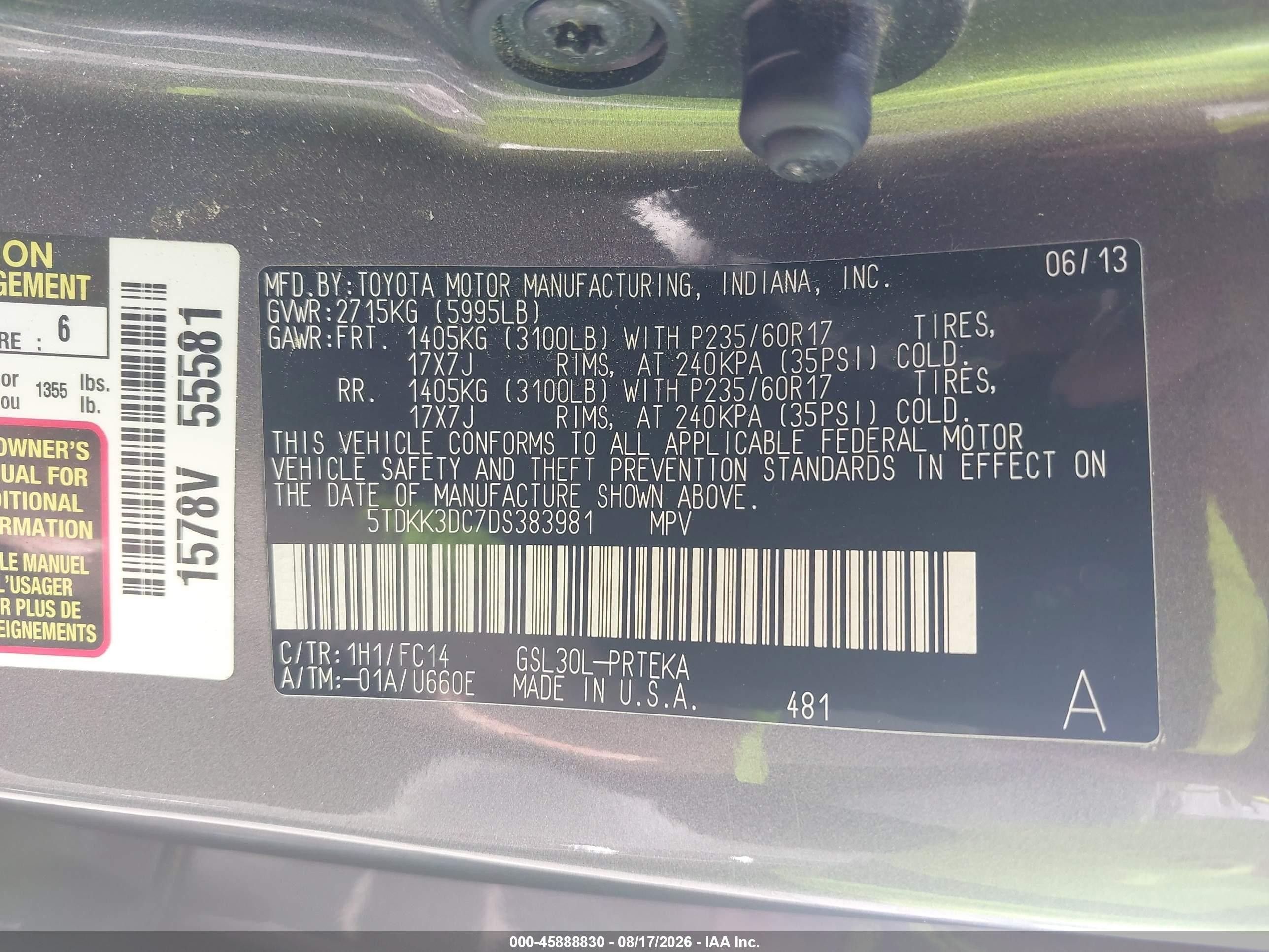 2013 Toyota Sienna Le V6 8 Passenger Gray vin: 5TDKK3DC7DS383981