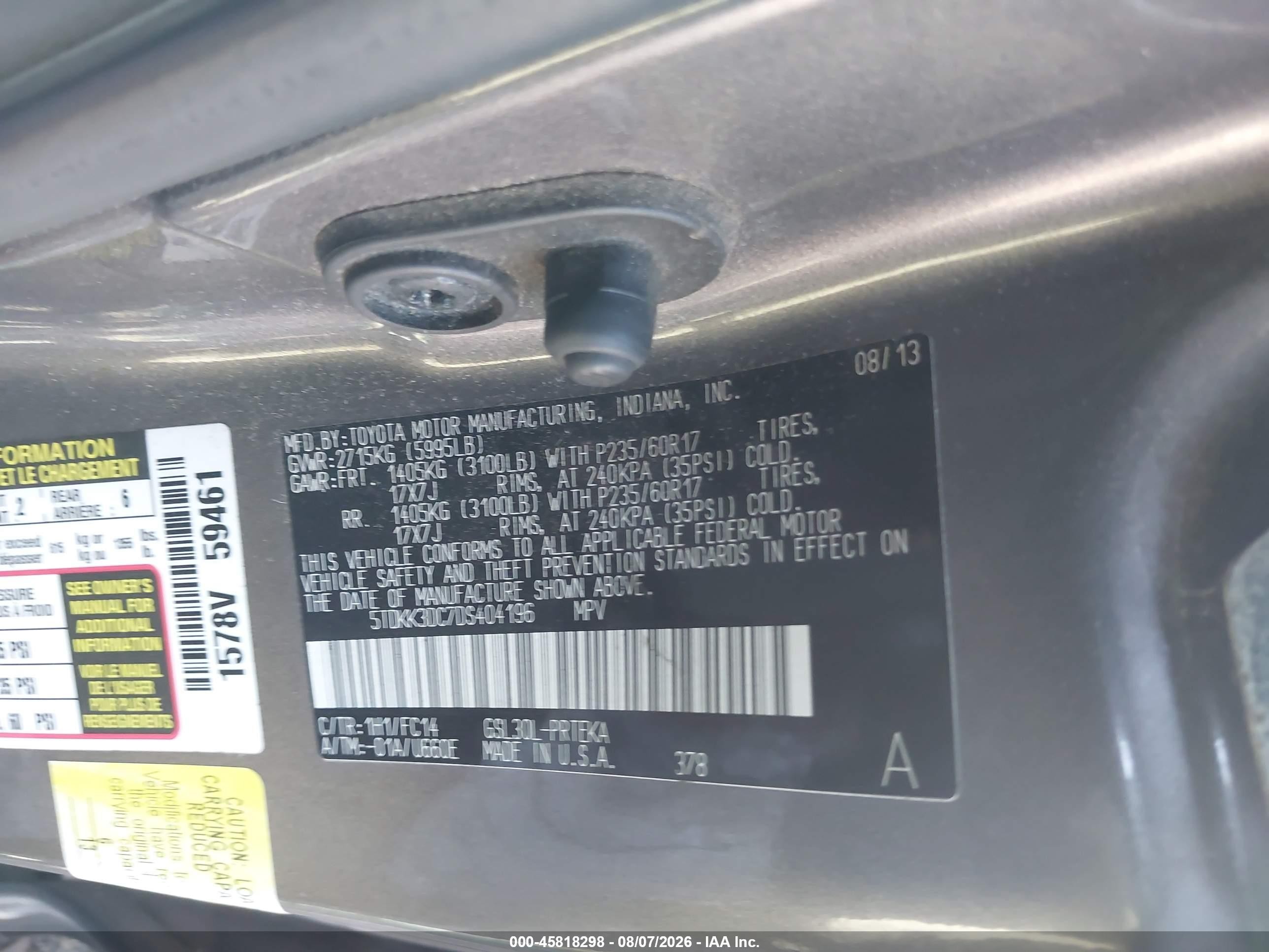 2013 Toyota Sienna Le V6 8 Passenger Green vin: 5TDKK3DC7DS404196
