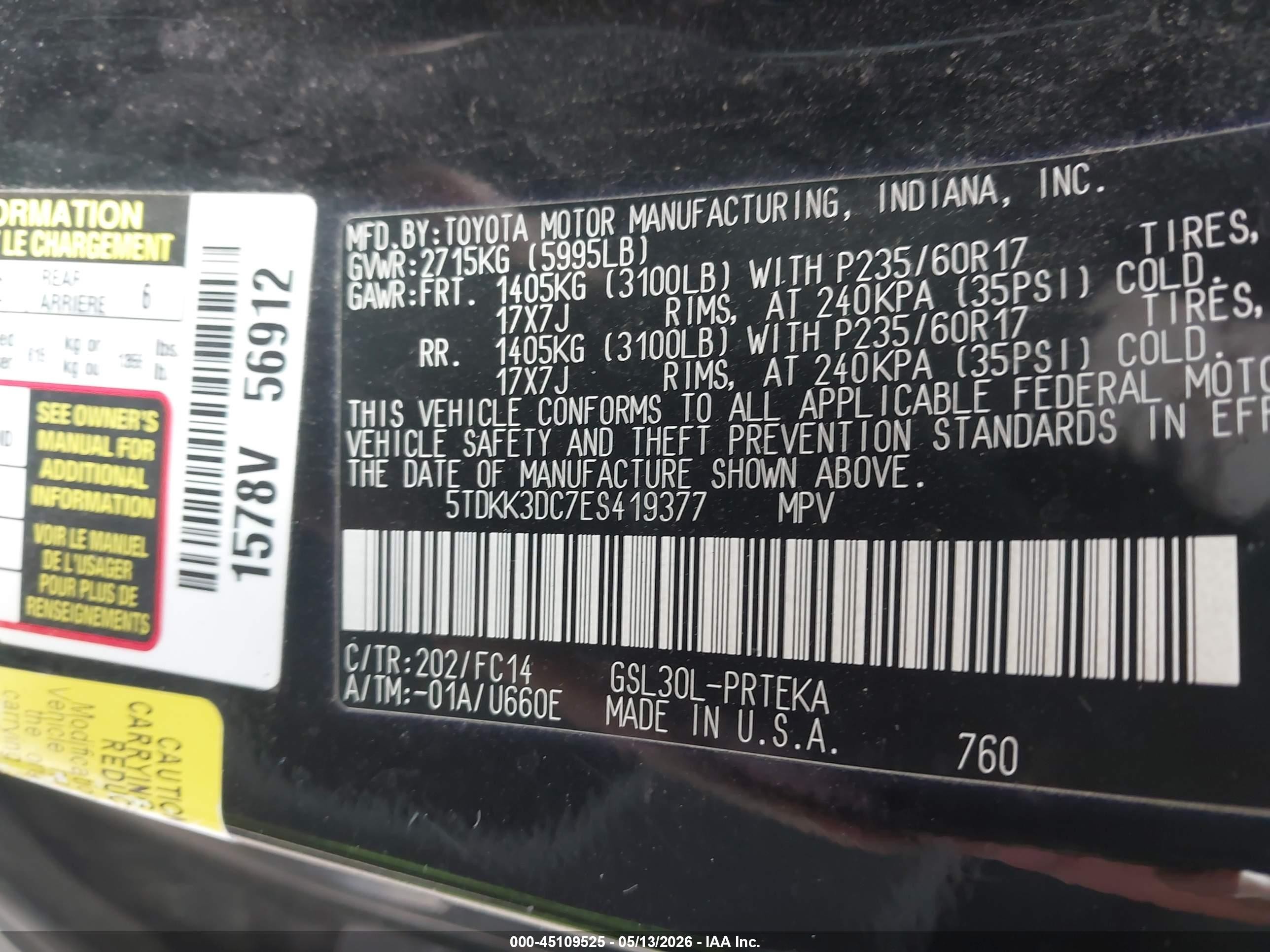 2014 Toyota Sienna Le V6 8 Passenger Черный vin: 5TDKK3DC7ES419377
