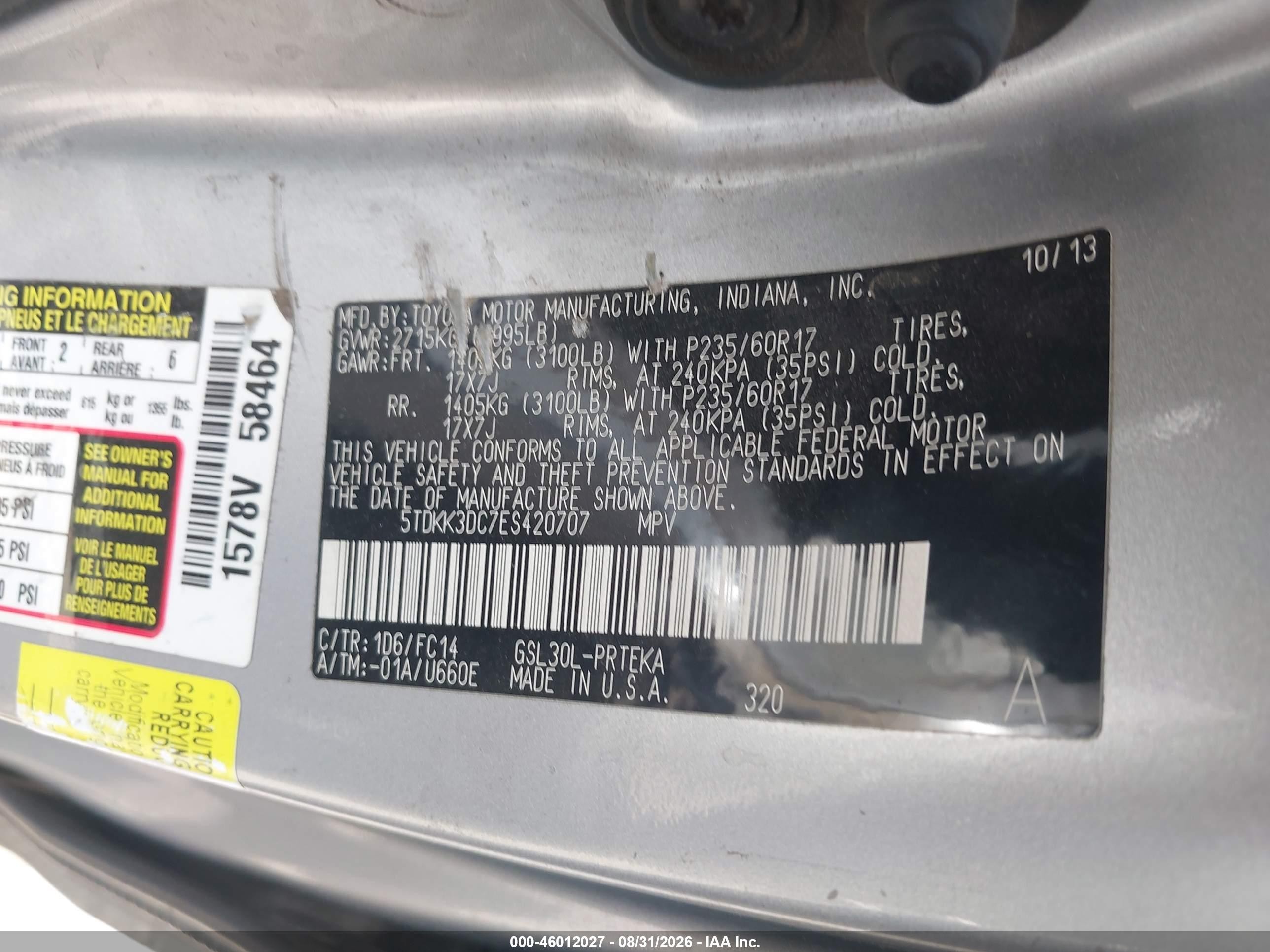 2014 Toyota Sienna Le V6 8 Passenger Silver vin: 5TDKK3DC7ES420707