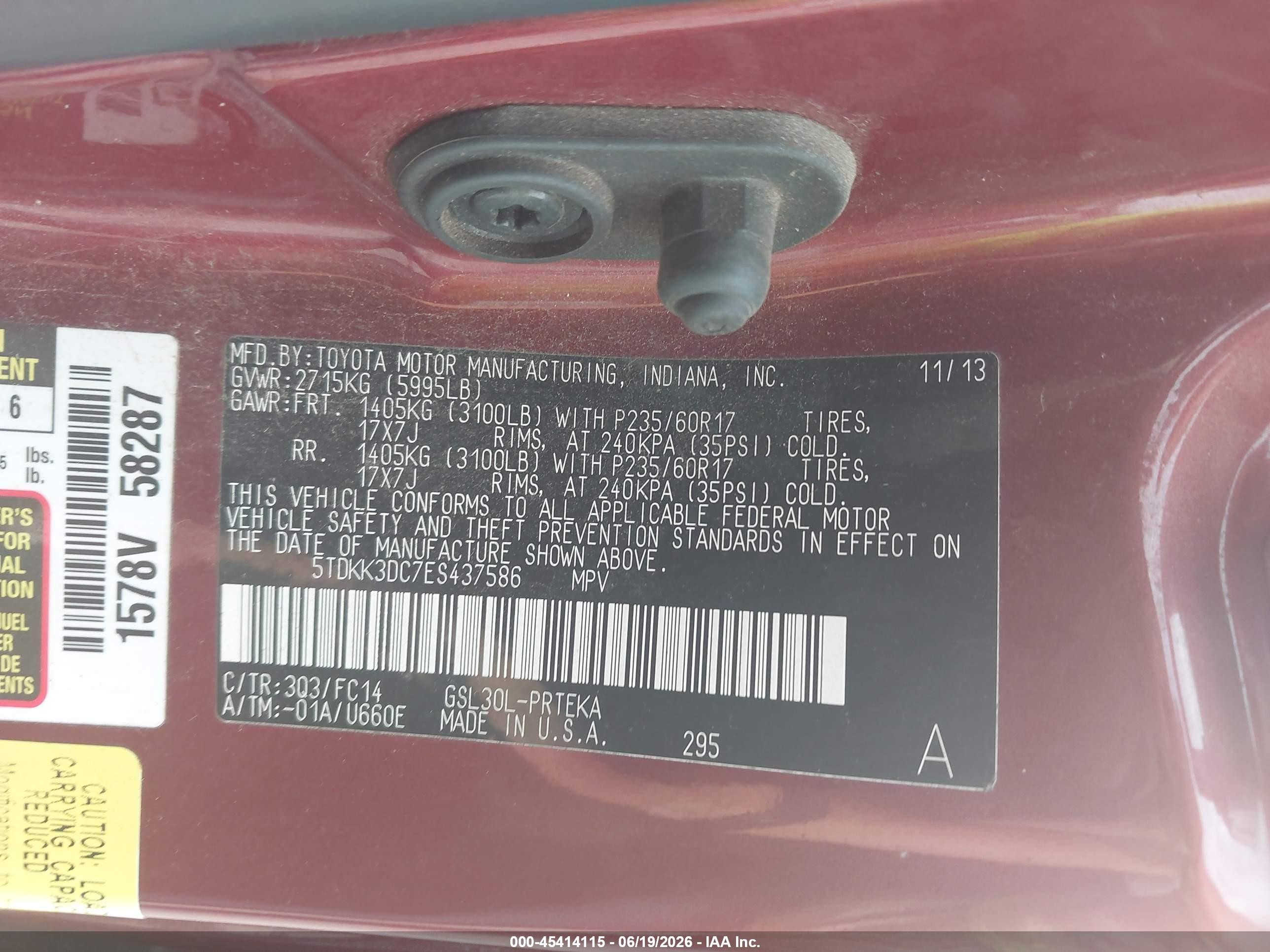 2014 Toyota Sienna Le V6 8 Passenger Red vin: 5TDKK3DC7ES437586