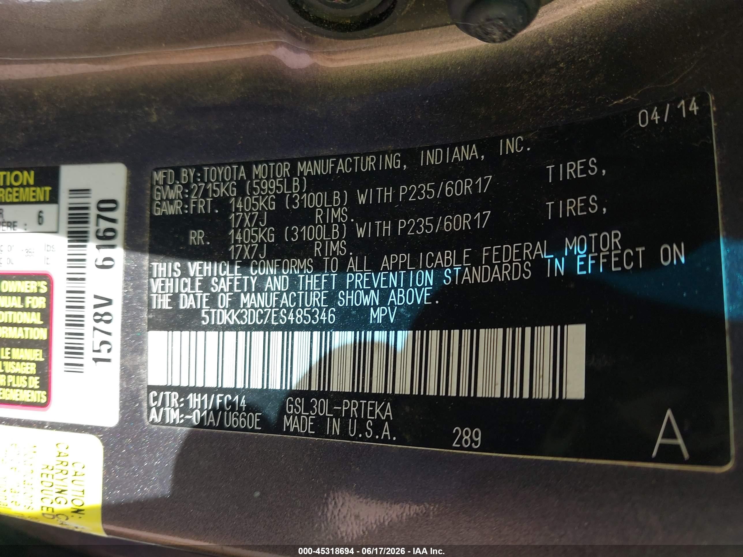 2014 Toyota Sienna Le V6 8 Passenger Gray vin: 5TDKK3DC7ES485346