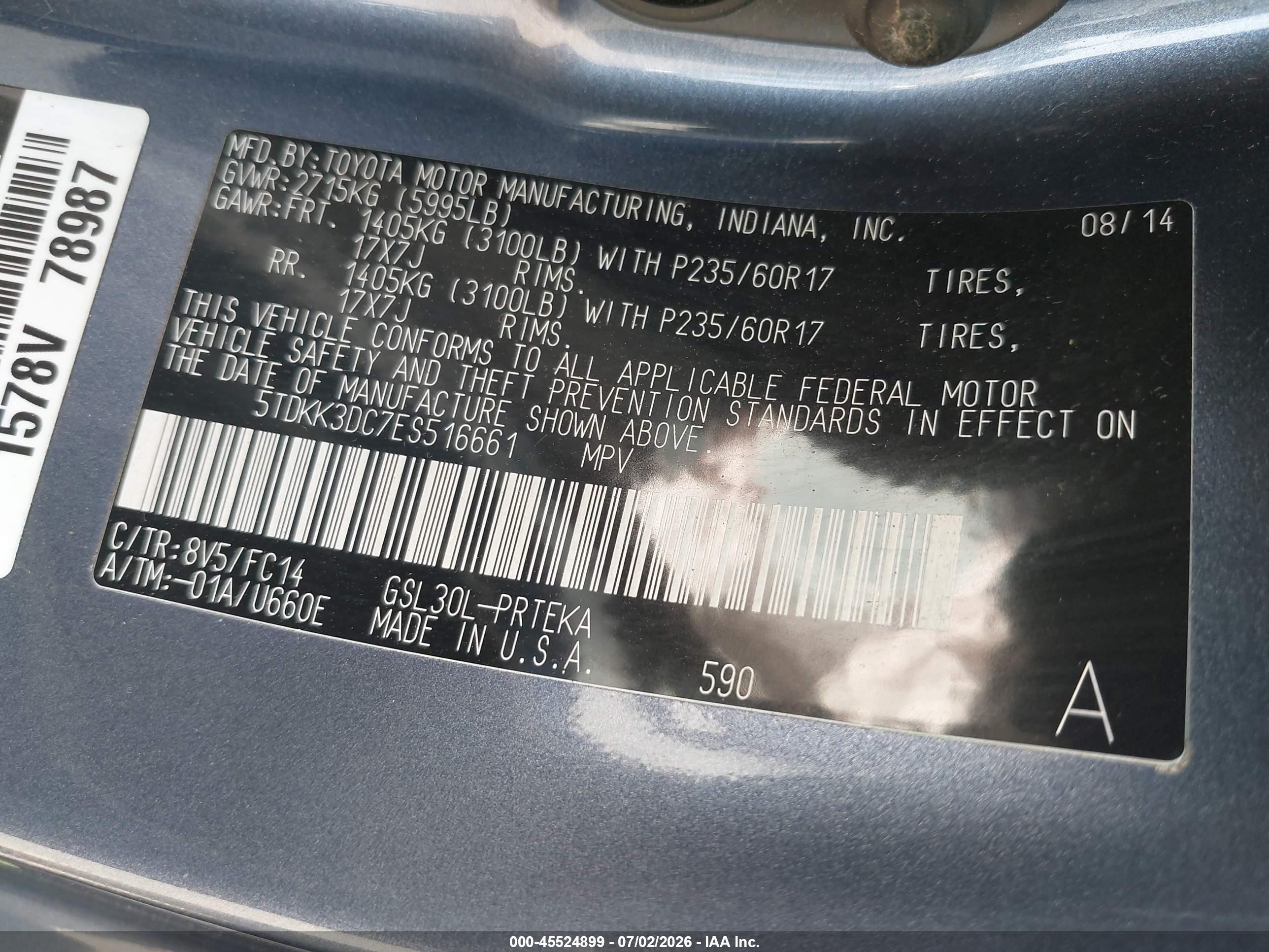 2014 Toyota Sienna Le V6 8 Passenger Gray vin: 5TDKK3DC7ES516661