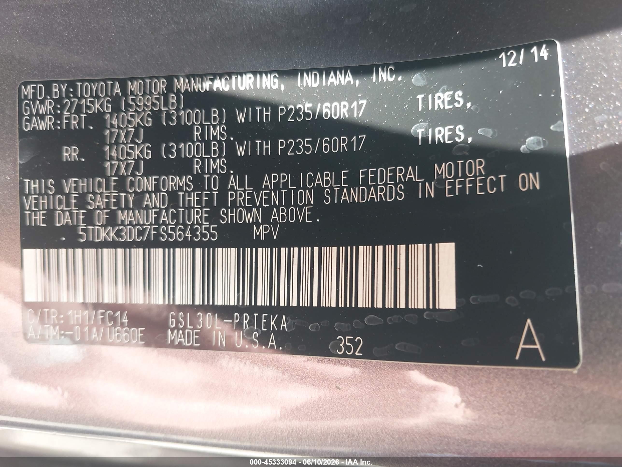 2015 Toyota Sienna Le 8 Passenger Gray vin: 5TDKK3DC7FS564355