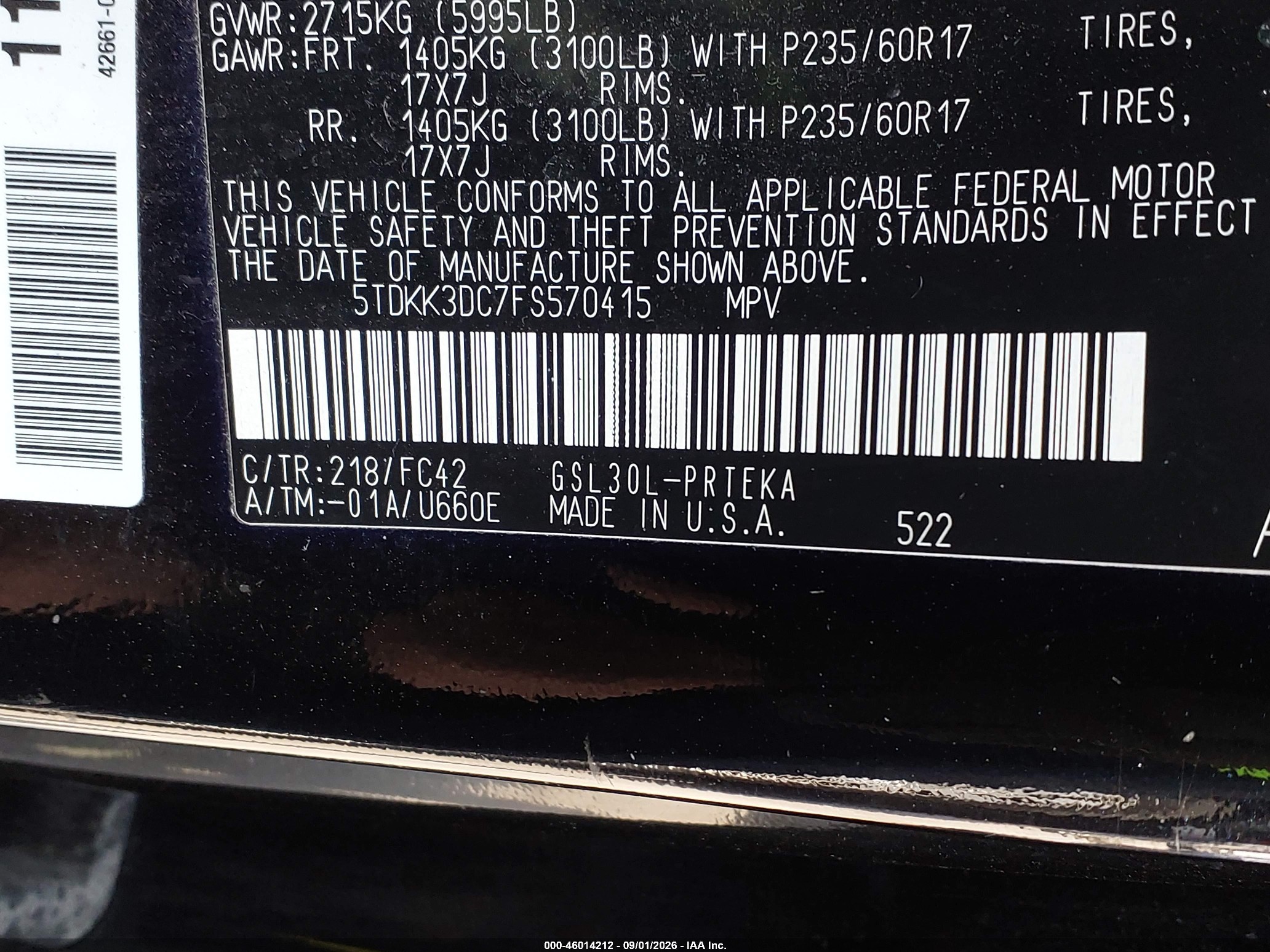 2015 Toyota Sienna Le 8 Passenger Black vin: 5TDKK3DC7FS570415
