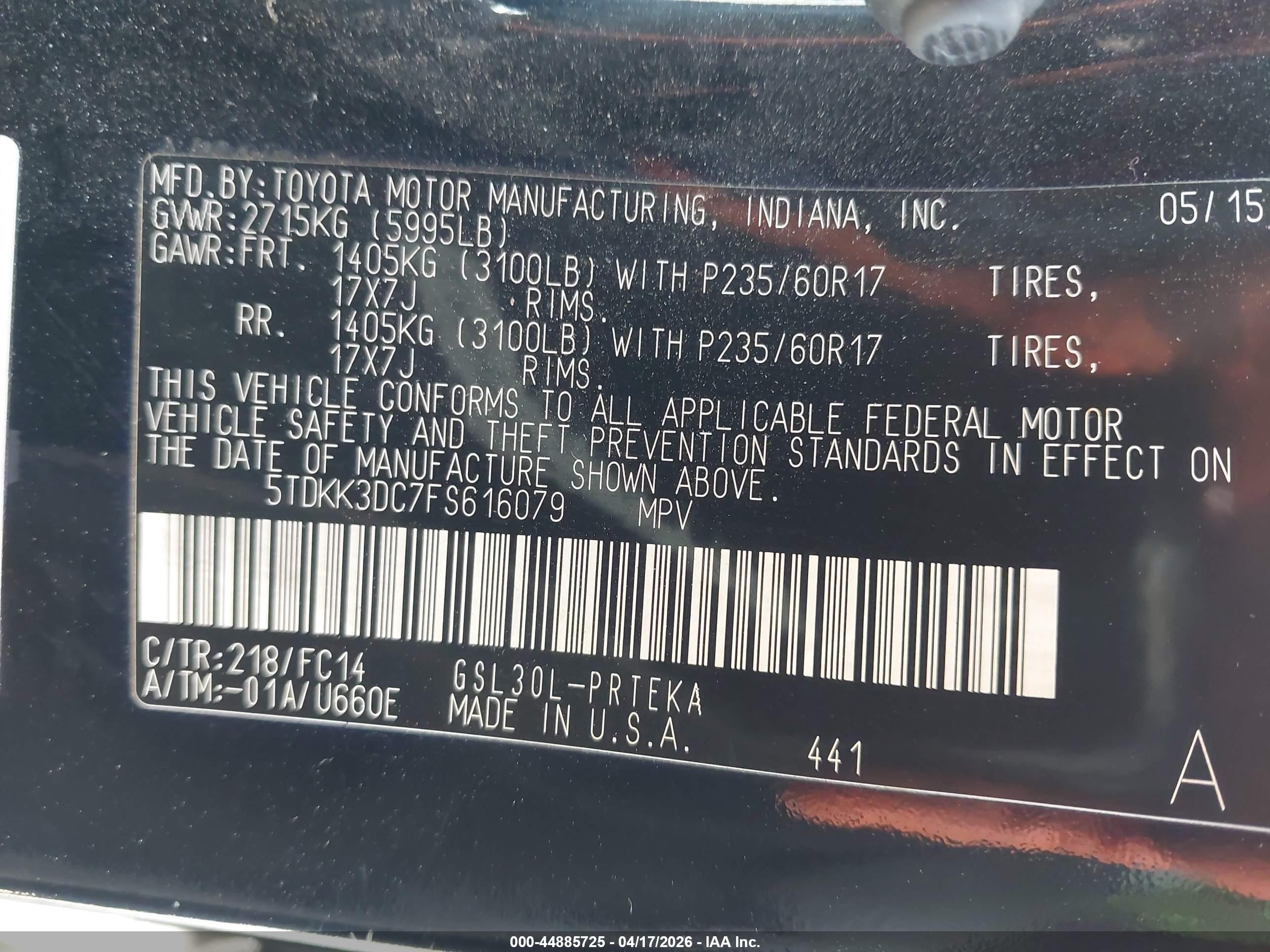 2015 Toyota Sienna Le 8 Passenger Black vin: 5TDKK3DC7FS616079
