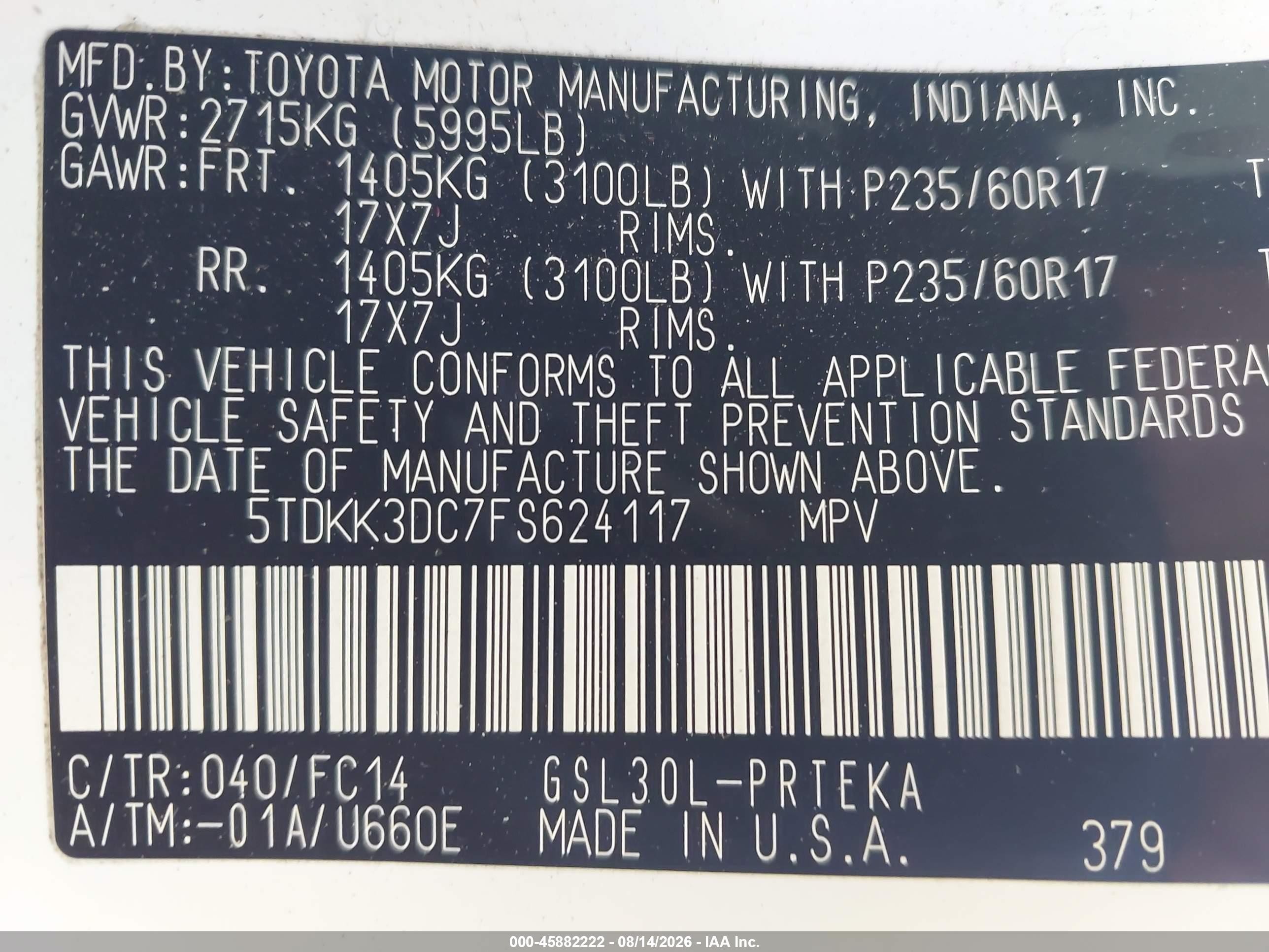 2015 Toyota Sienna Le 8 Passenger White vin: 5TDKK3DC7FS624117