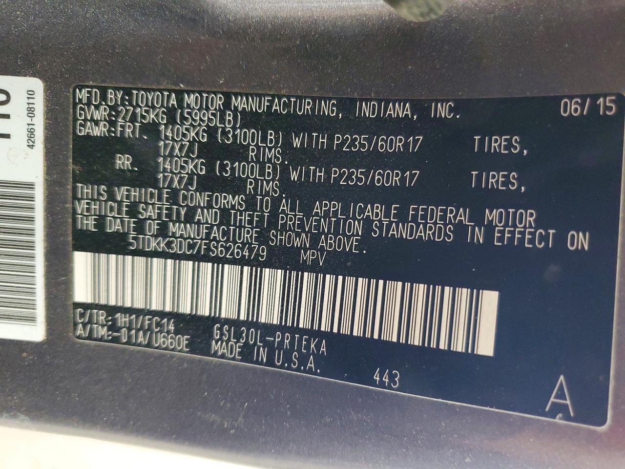 2015 Toyota Sienna Le Gray vin: 5TDKK3DC7FS626479