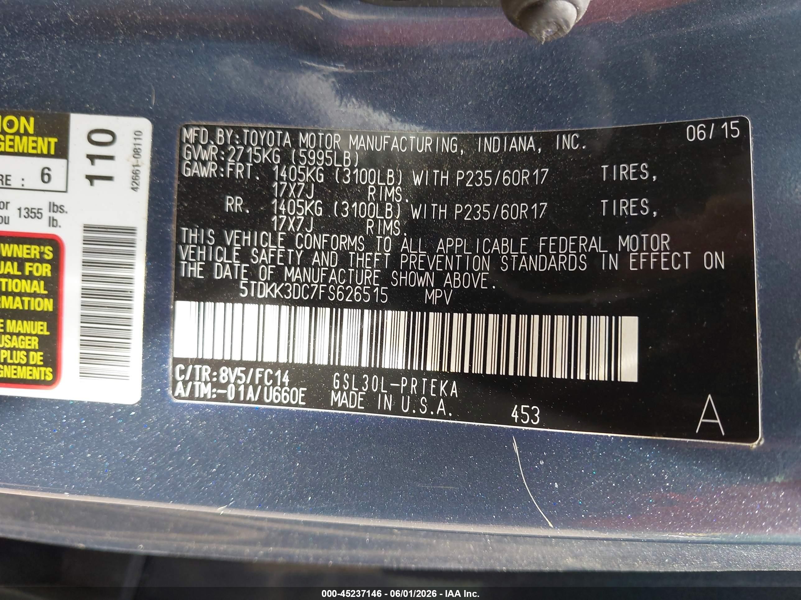 2015 Toyota Sienna Le 8 Passenger Синий vin: 5TDKK3DC7FS626515