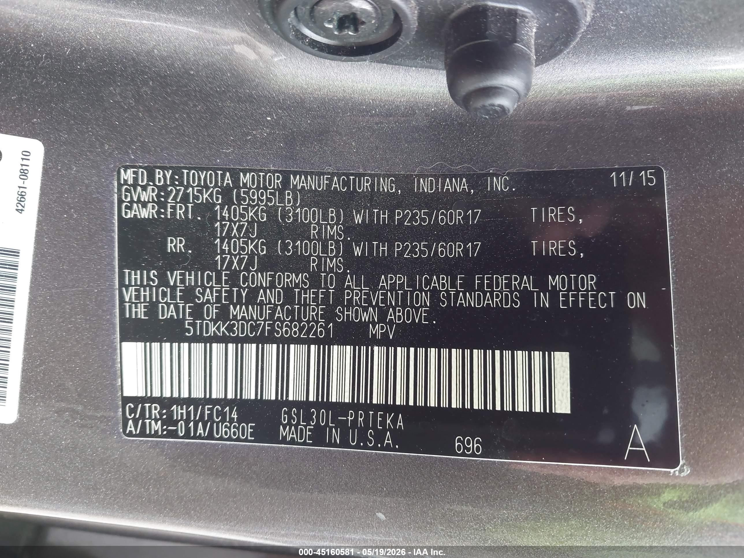 2015 Toyota Sienna Le 8 Passenger Серый vin: 5TDKK3DC7FS682261