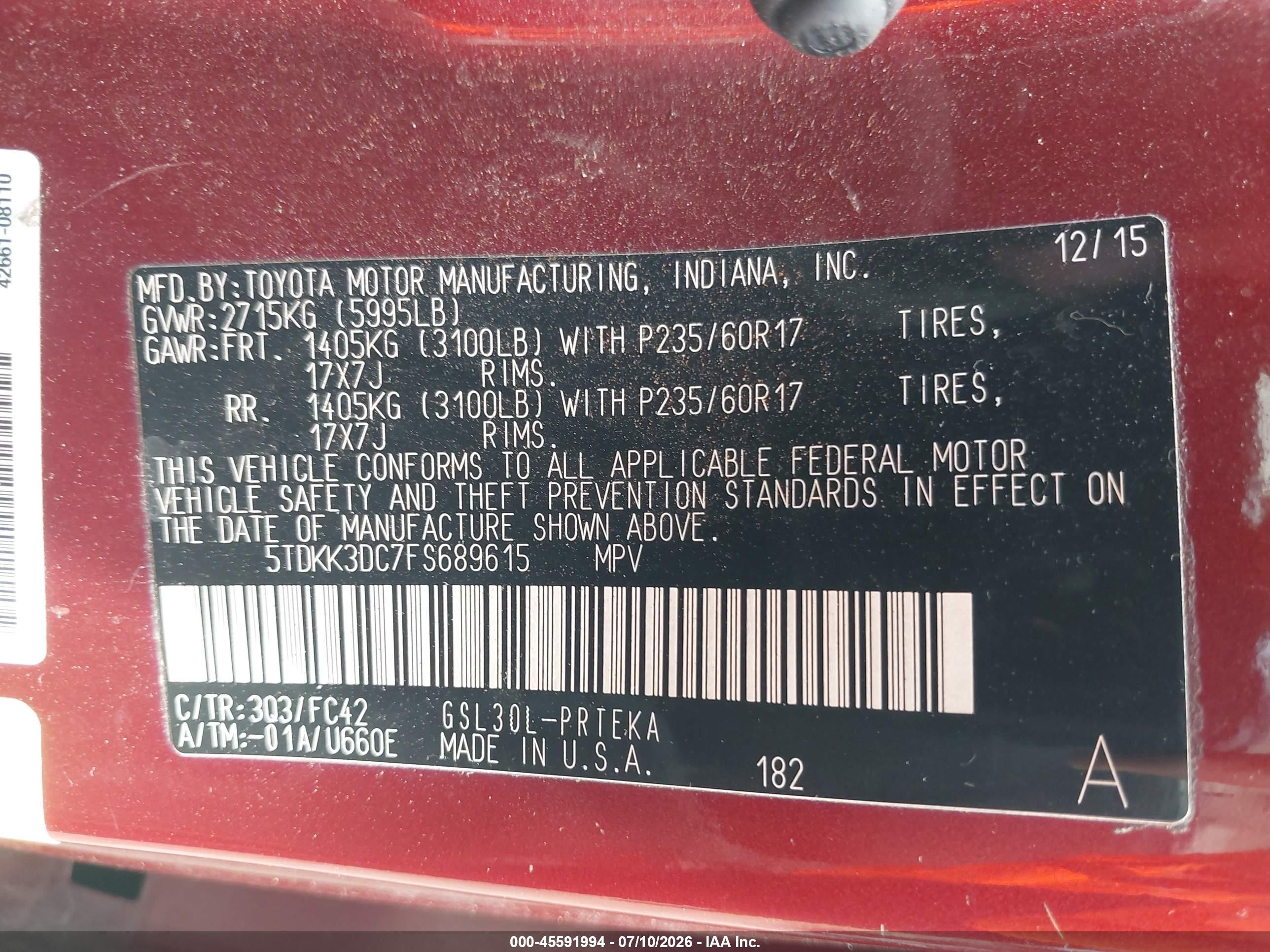 2015 Toyota Sienna Le 8 Passenger Burgundy vin: 5TDKK3DC7FS689615
