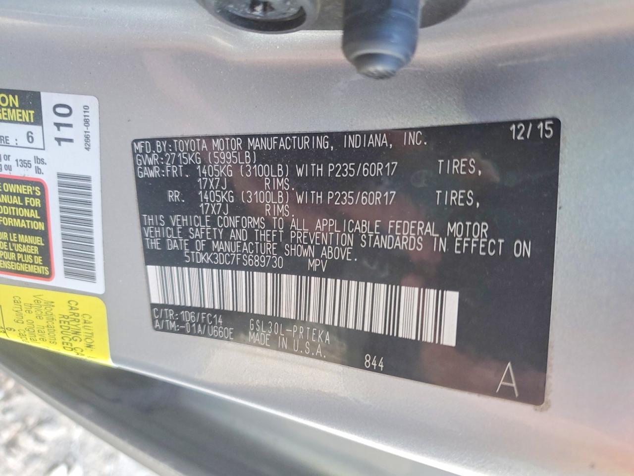 2015 Toyota Sienna Le Silver vin: 5TDKK3DC7FS689730