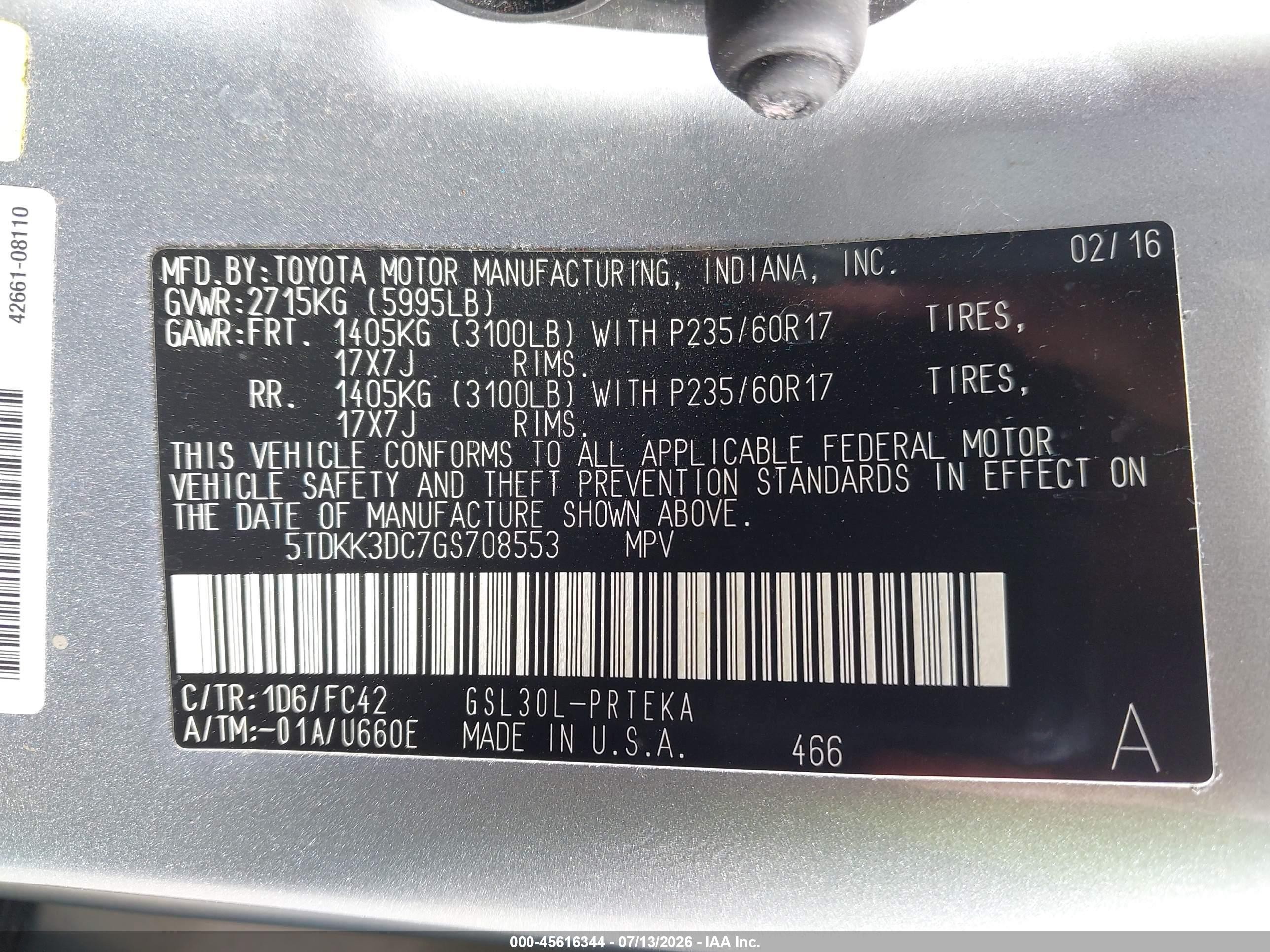 2016 Toyota Sienna Le 8 Passenger Gray vin: 5TDKK3DC7GS708553