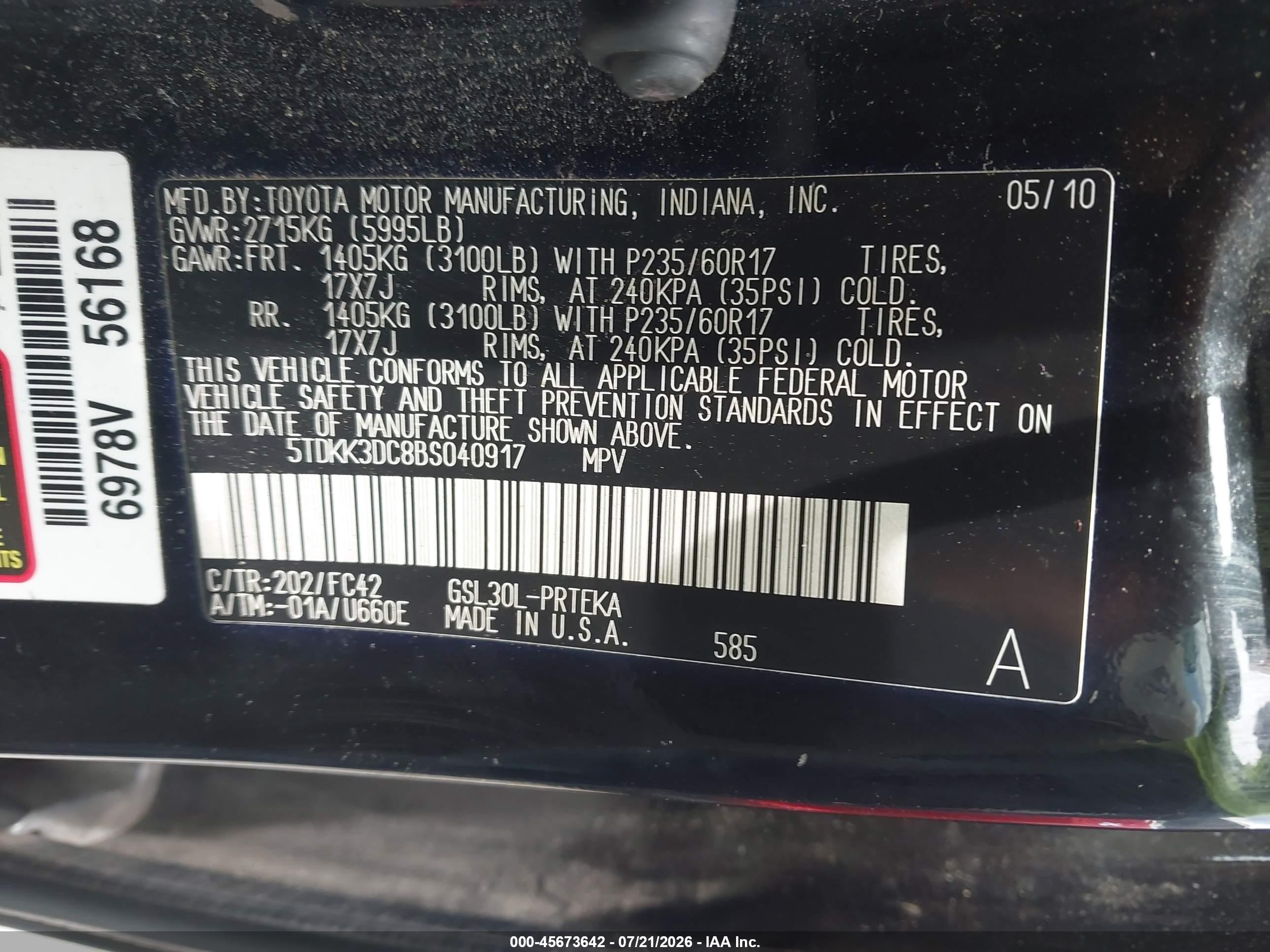 2011 Toyota Sienna Le V6 Black vin: 5TDKK3DC8BS040917