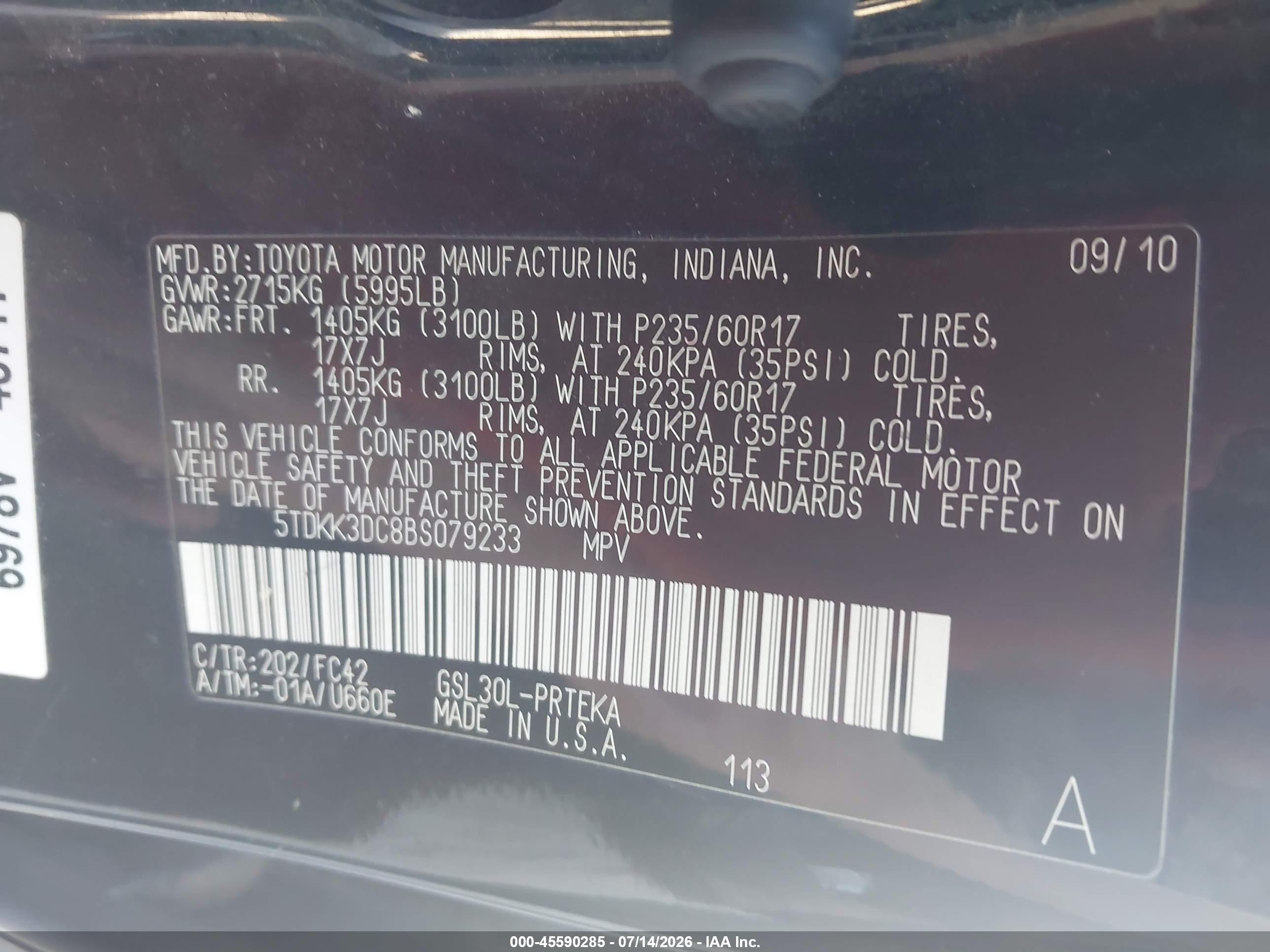 2011 Toyota Sienna Le V6 Black vin: 5TDKK3DC8BS079233