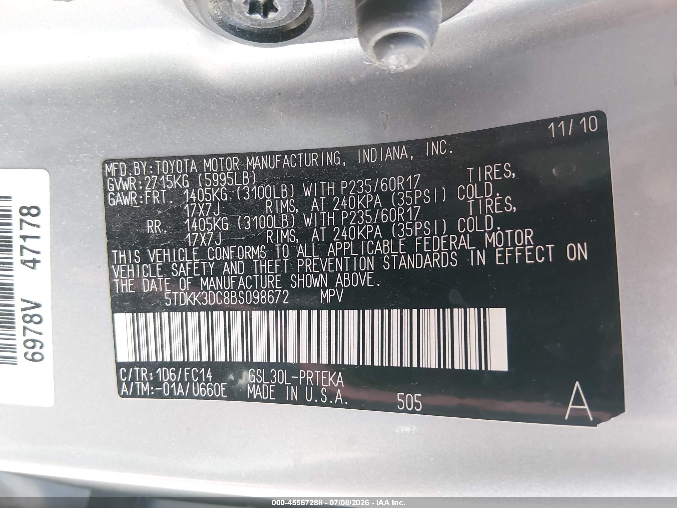 2011 Toyota Sienna Le V6 Серебряный vin: 5TDKK3DC8BS098672