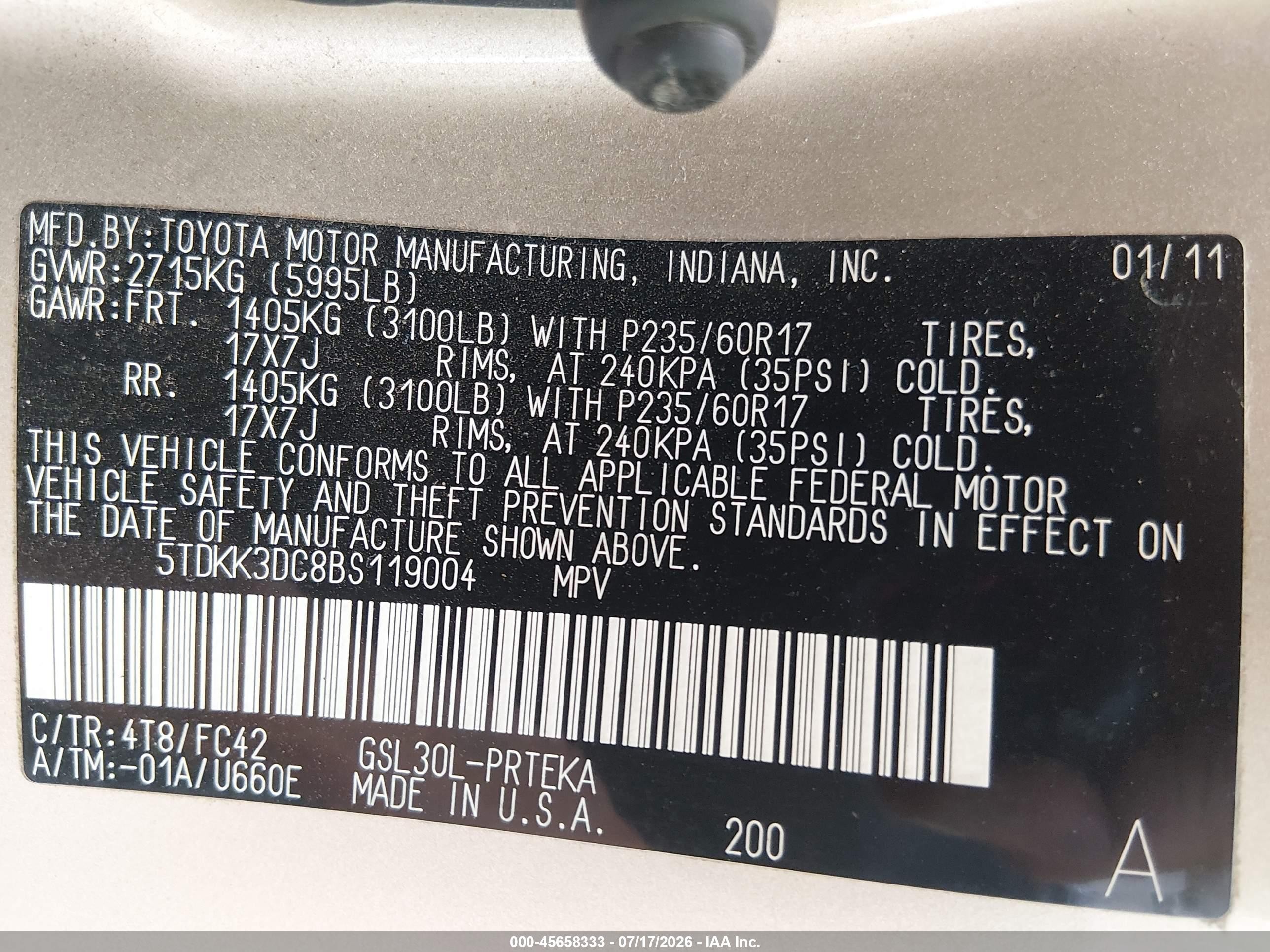 2011 Toyota Sienna Le V6 Champagne vin: 5TDKK3DC8BS119004