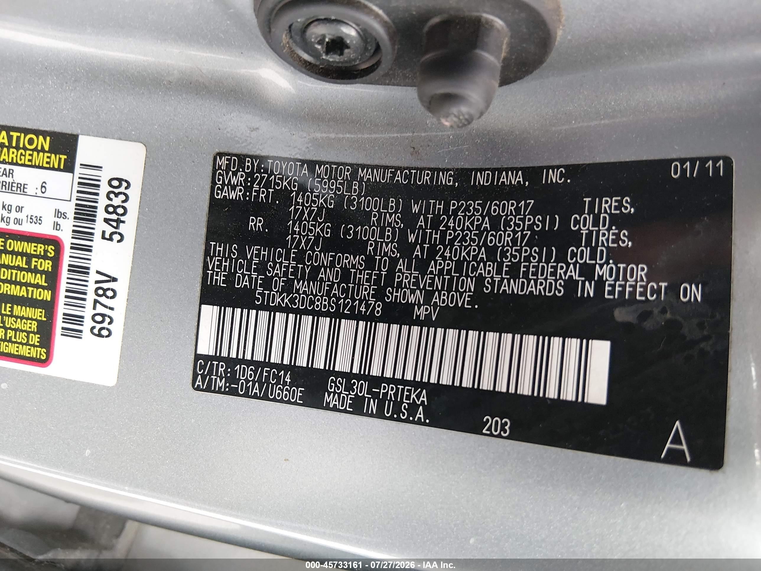 2011 Toyota Sienna Le V6 Silver vin: 5TDKK3DC8BS121478
