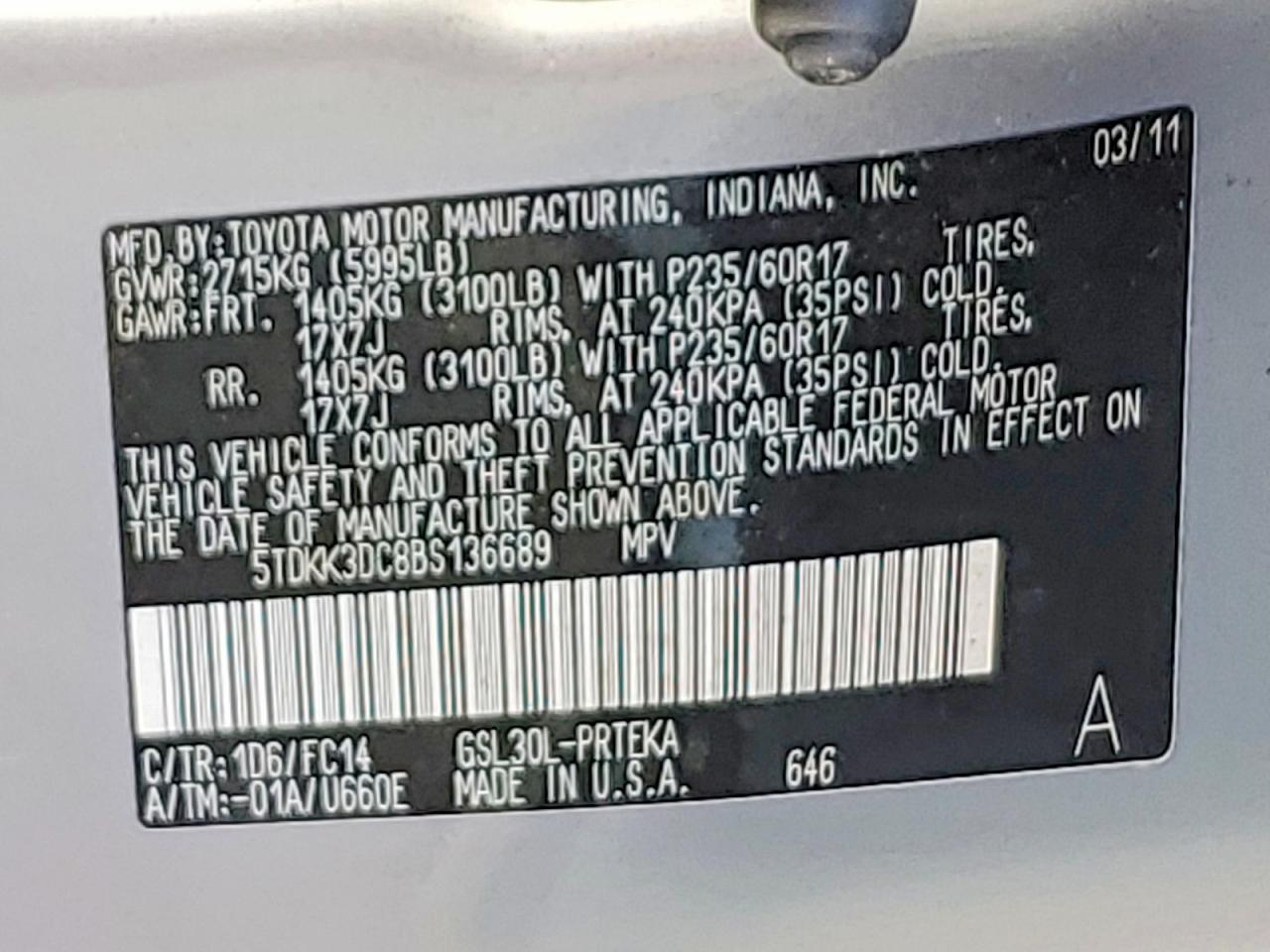 2011 Toyota Sienna Le Серебряный vin: 5TDKK3DC8BS136689