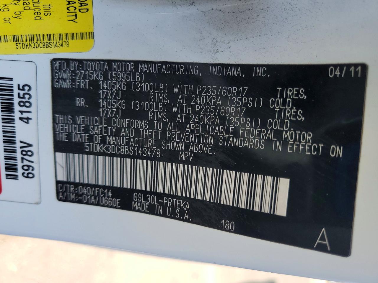 2011 Toyota Sienna Le White vin: 5TDKK3DC8BS143478