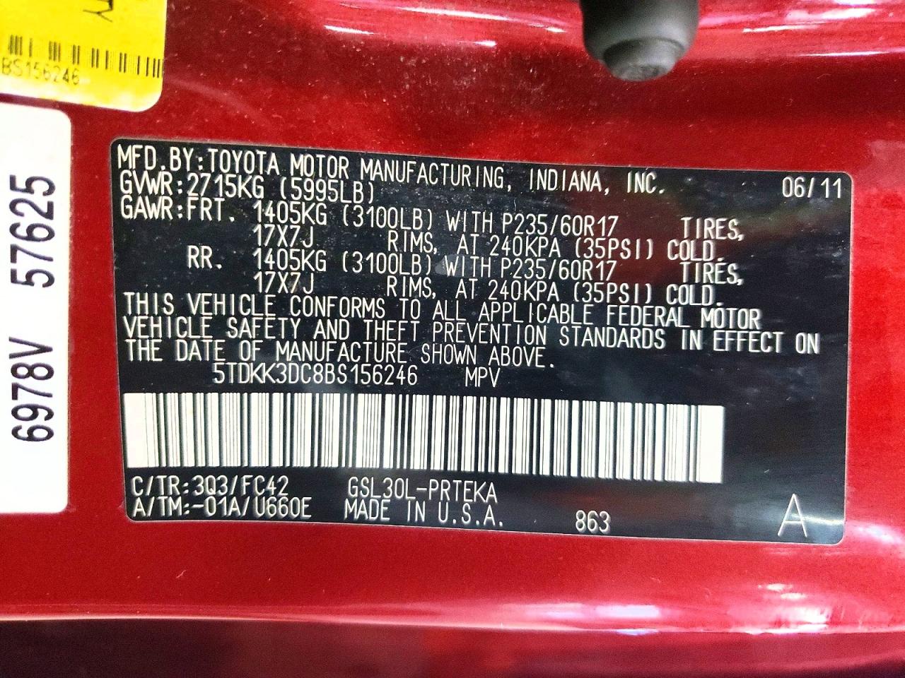 2011 Toyota Sienna Le Red vin: 5TDKK3DC8BS156246