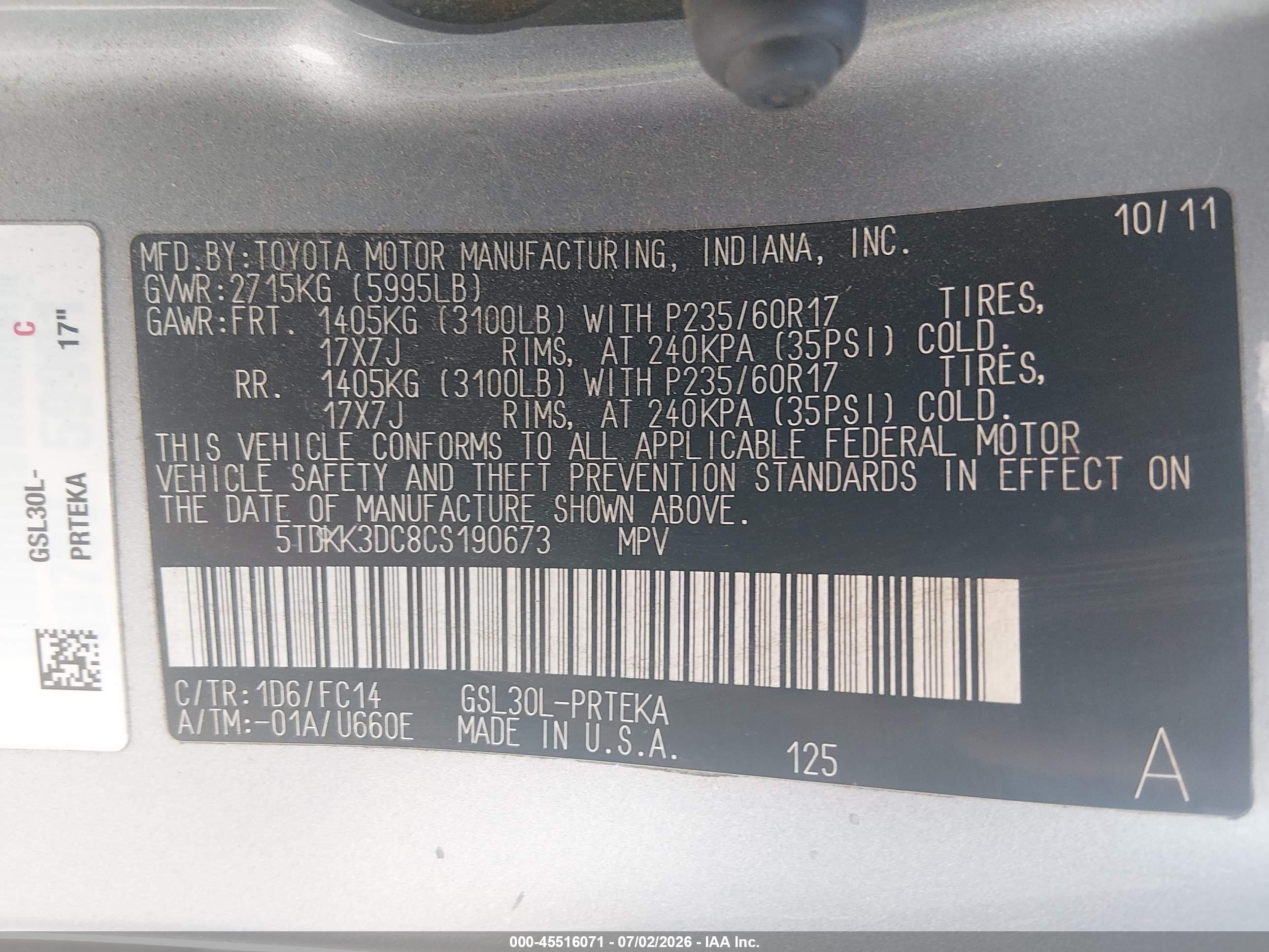 2012 Toyota Sienna Le V6 8 Passenger Серебряный vin: 5TDKK3DC8CS190673