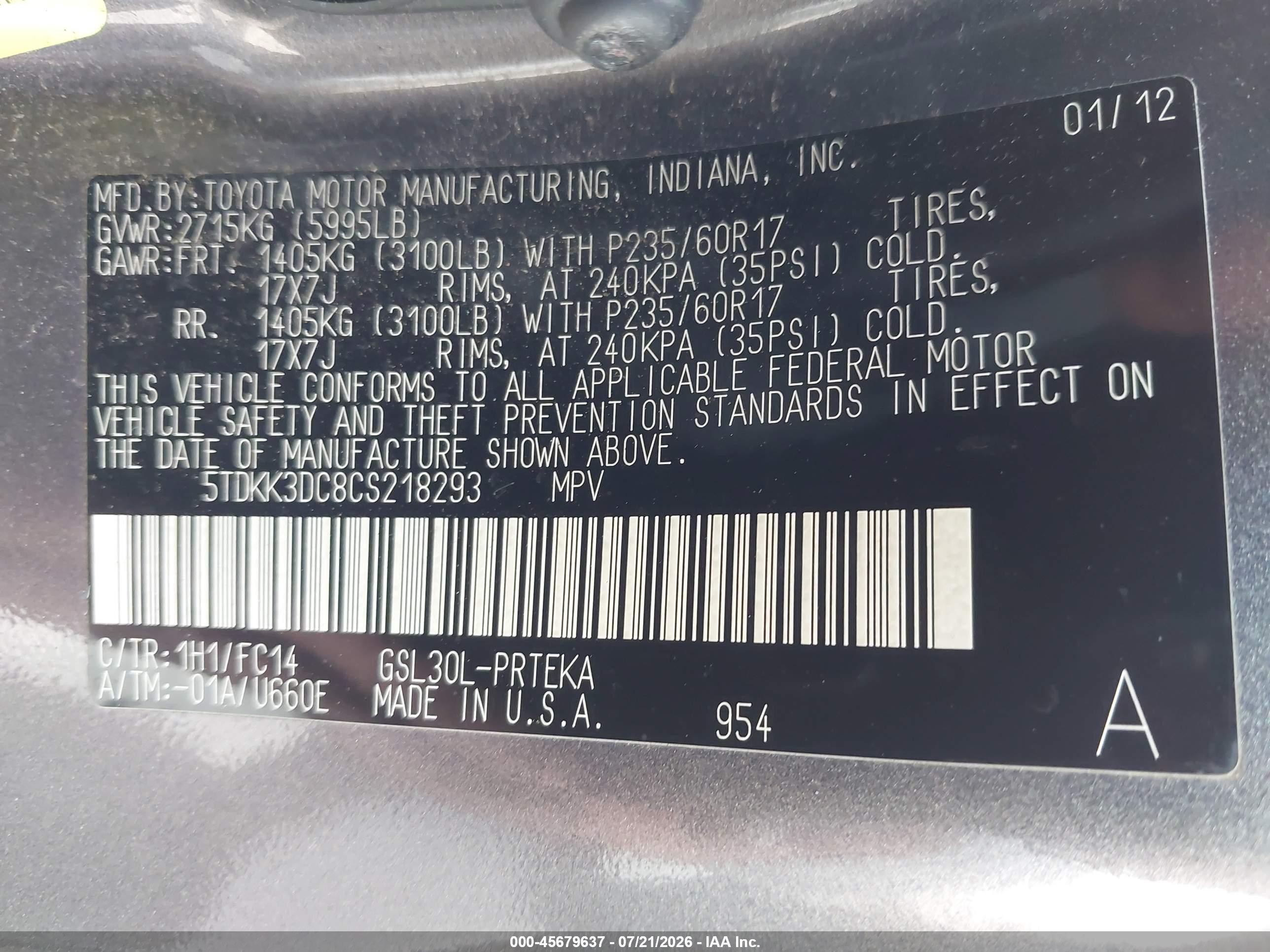 2012 Toyota Sienna Le V6 8 Passenger Gray vin: 5TDKK3DC8CS218293