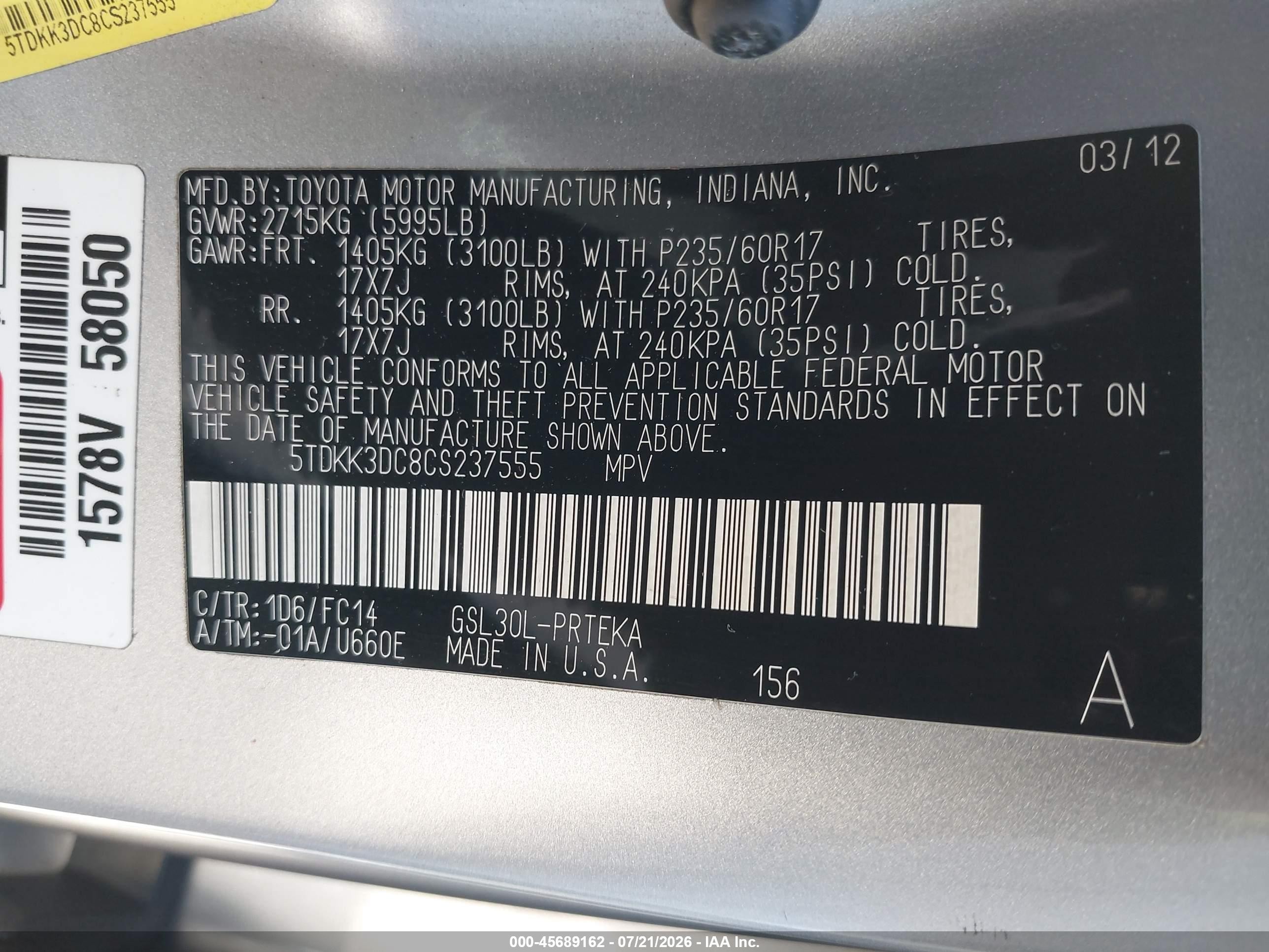 2012 Toyota Sienna Le V6 8 Passenger Silver vin: 5TDKK3DC8CS237555