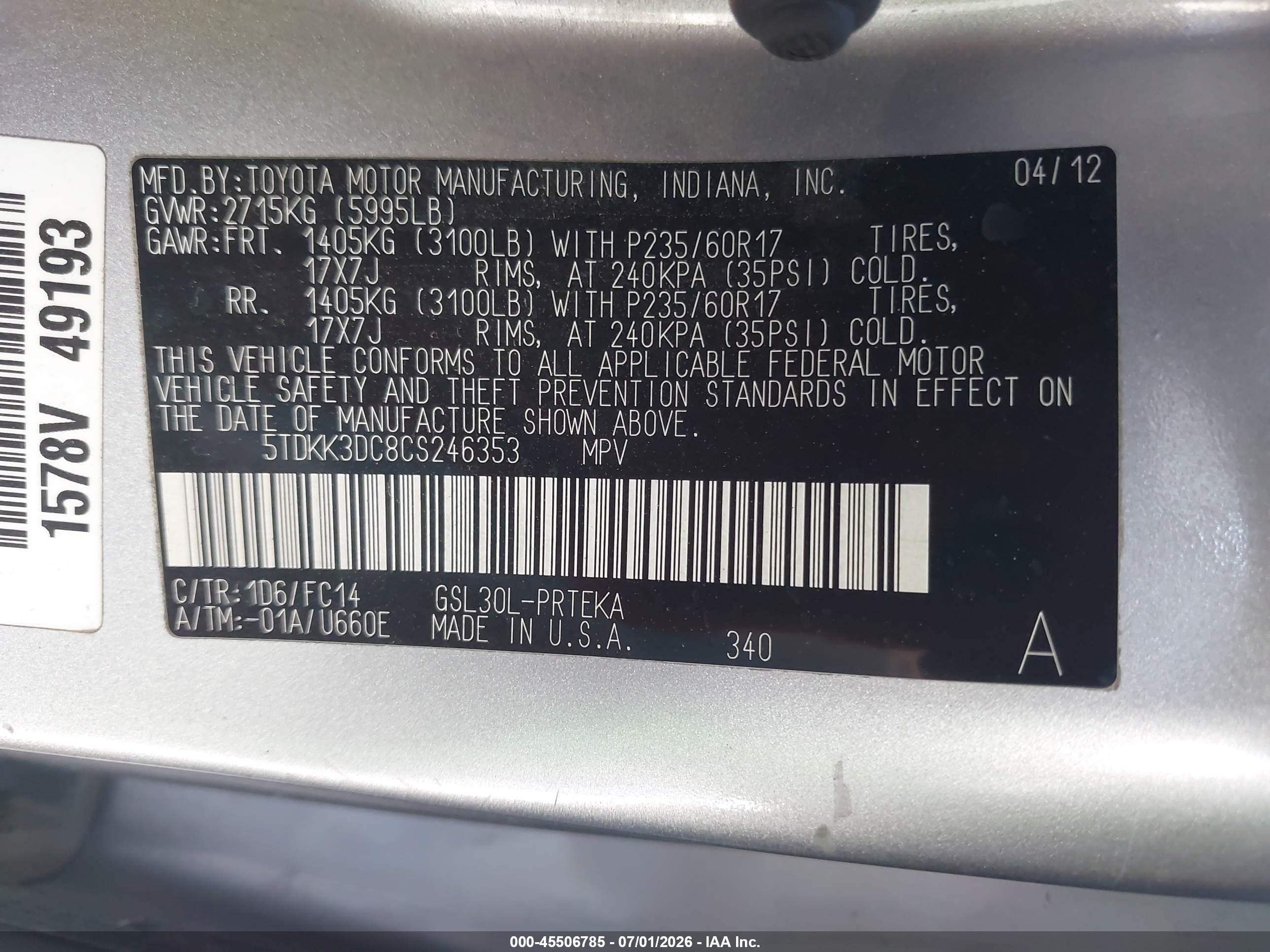 2012 Toyota Sienna Le V6 8 Passenger Серебряный vin: 5TDKK3DC8CS246353