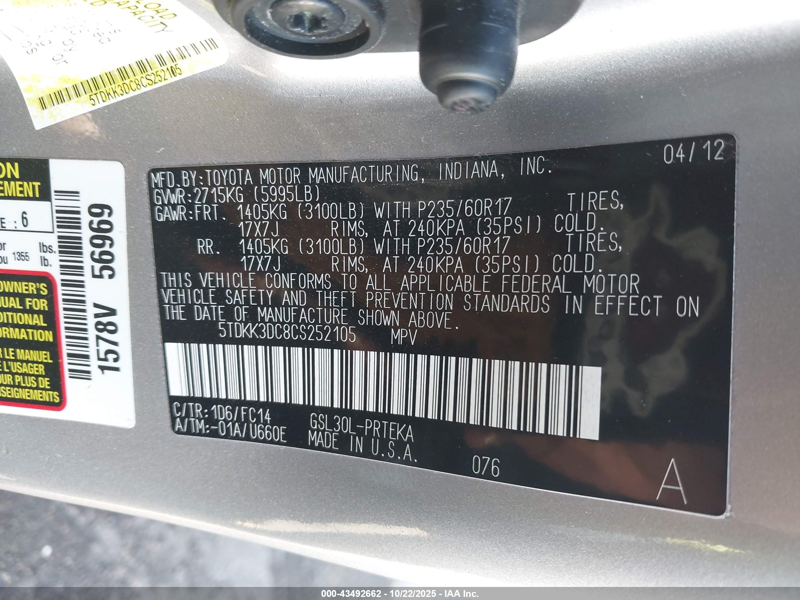 2012 Toyota Sienna Le V6 8 Passenger Silver vin: 5TDKK3DC8CS252105