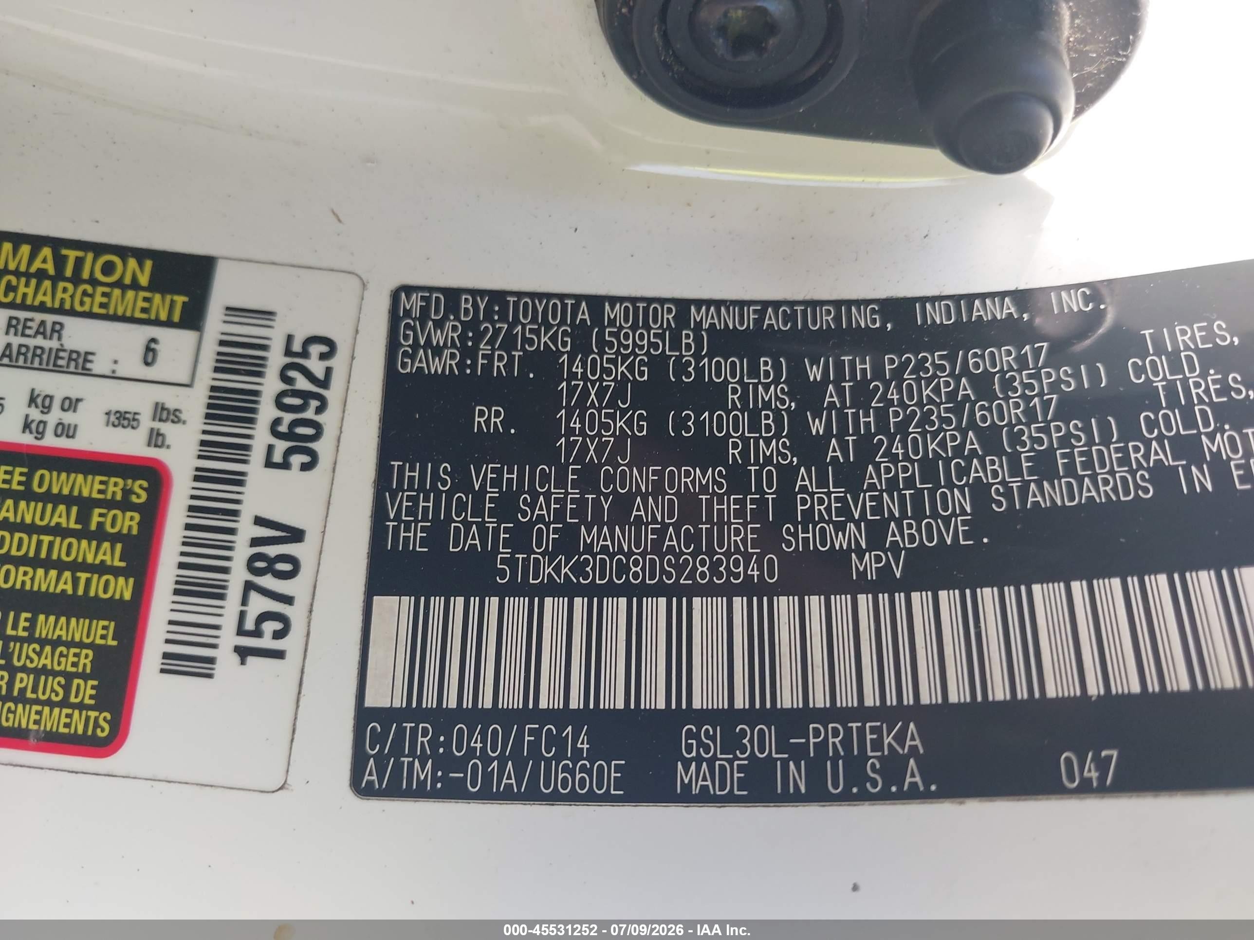 2013 Toyota Sienna Le V6 8 Passenger White vin: 5TDKK3DC8DS283940