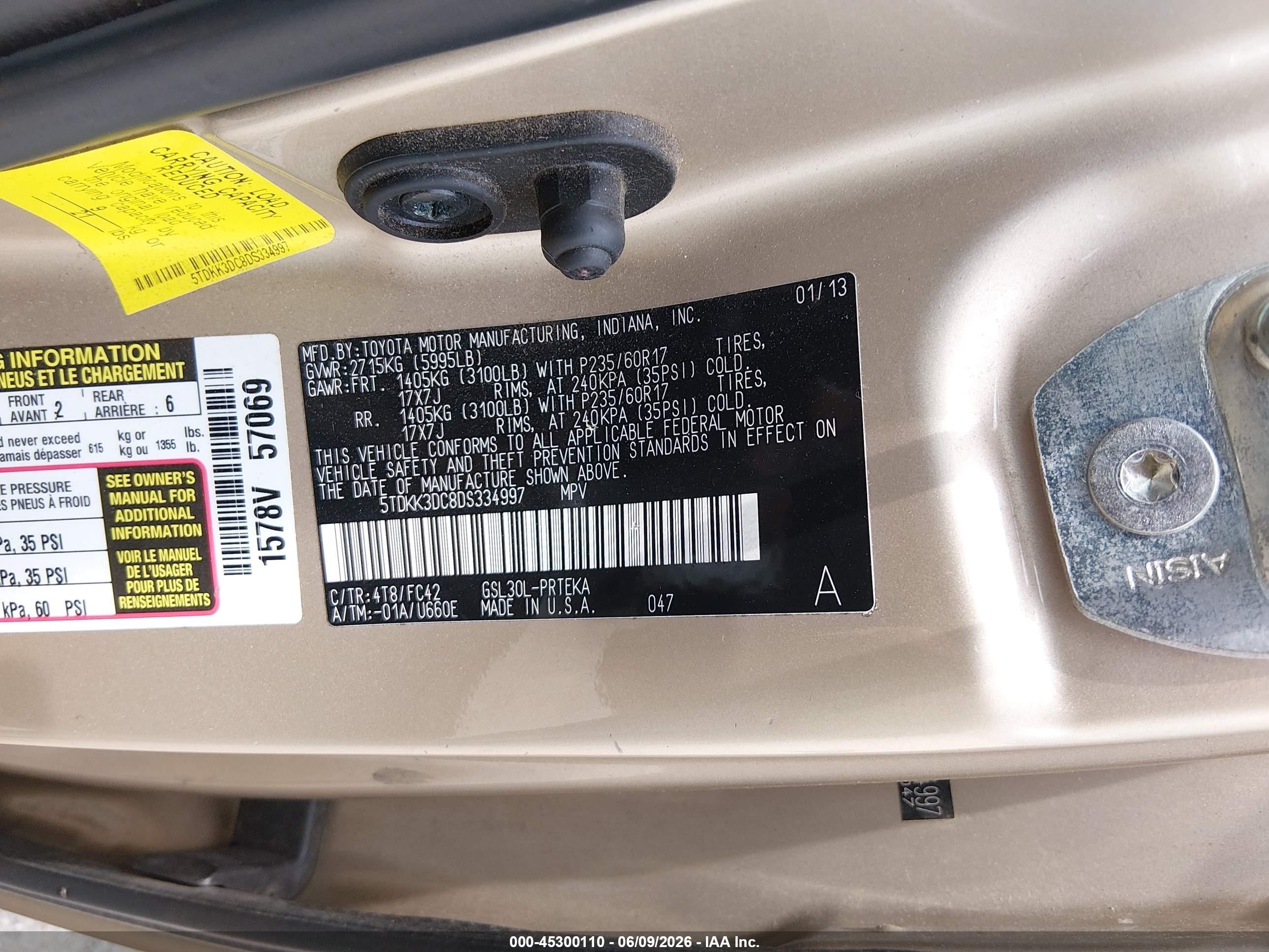 2013 Toyota Sienna Le V6 8 Passenger Champagne vin: 5TDKK3DC8DS334997